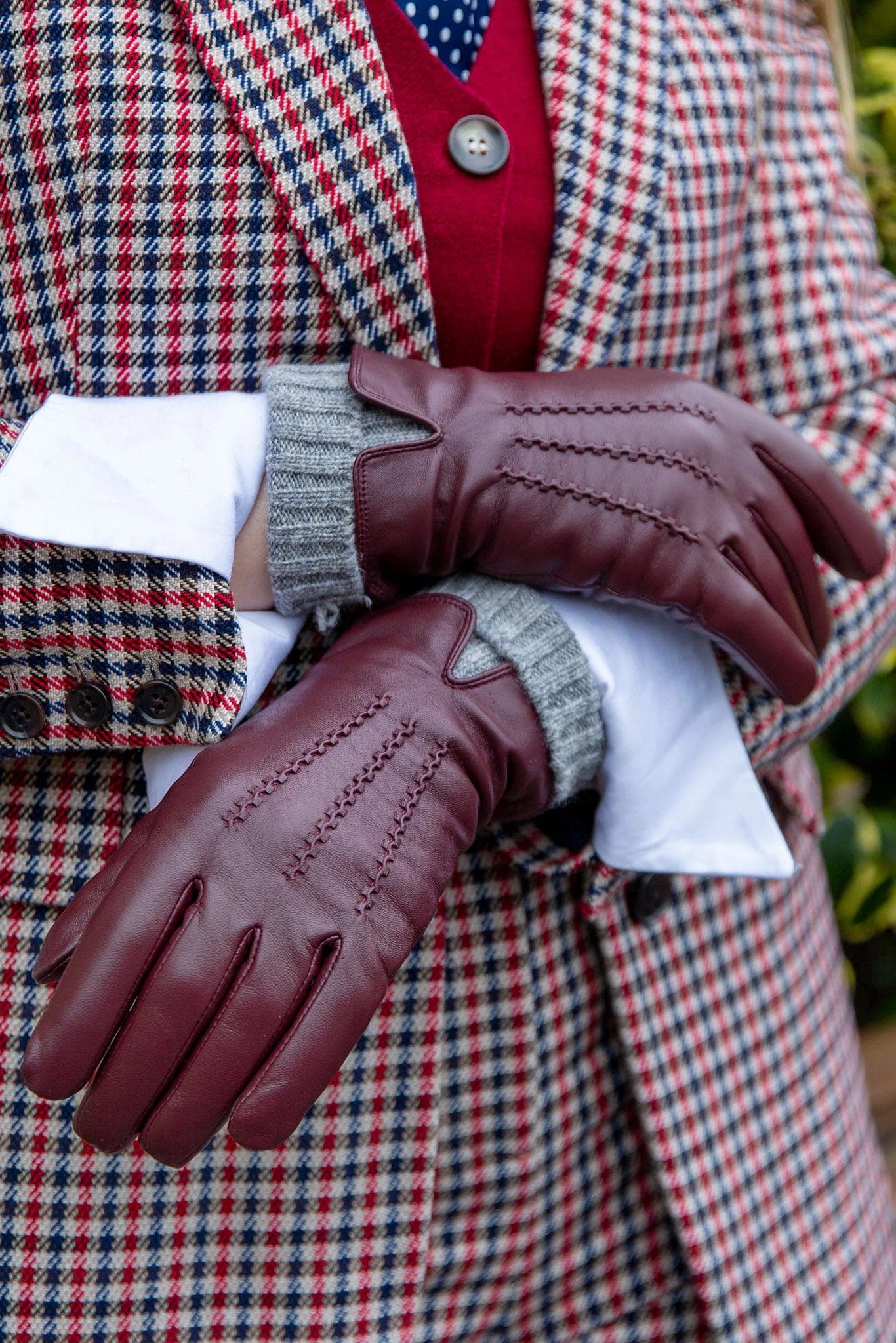 Tamara Leather Glove with Knitted Cuffs - Claret/Dove Grey - Image 2