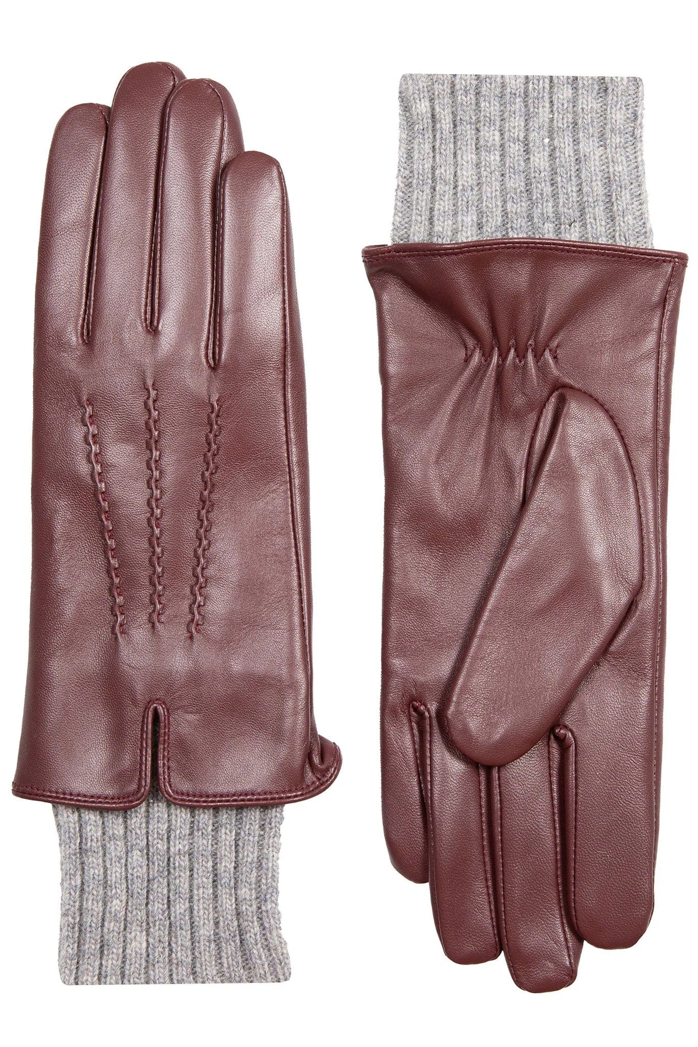 Tamara Leather Glove with Knitted Cuffs - Claret/Dove Grey - Image 3