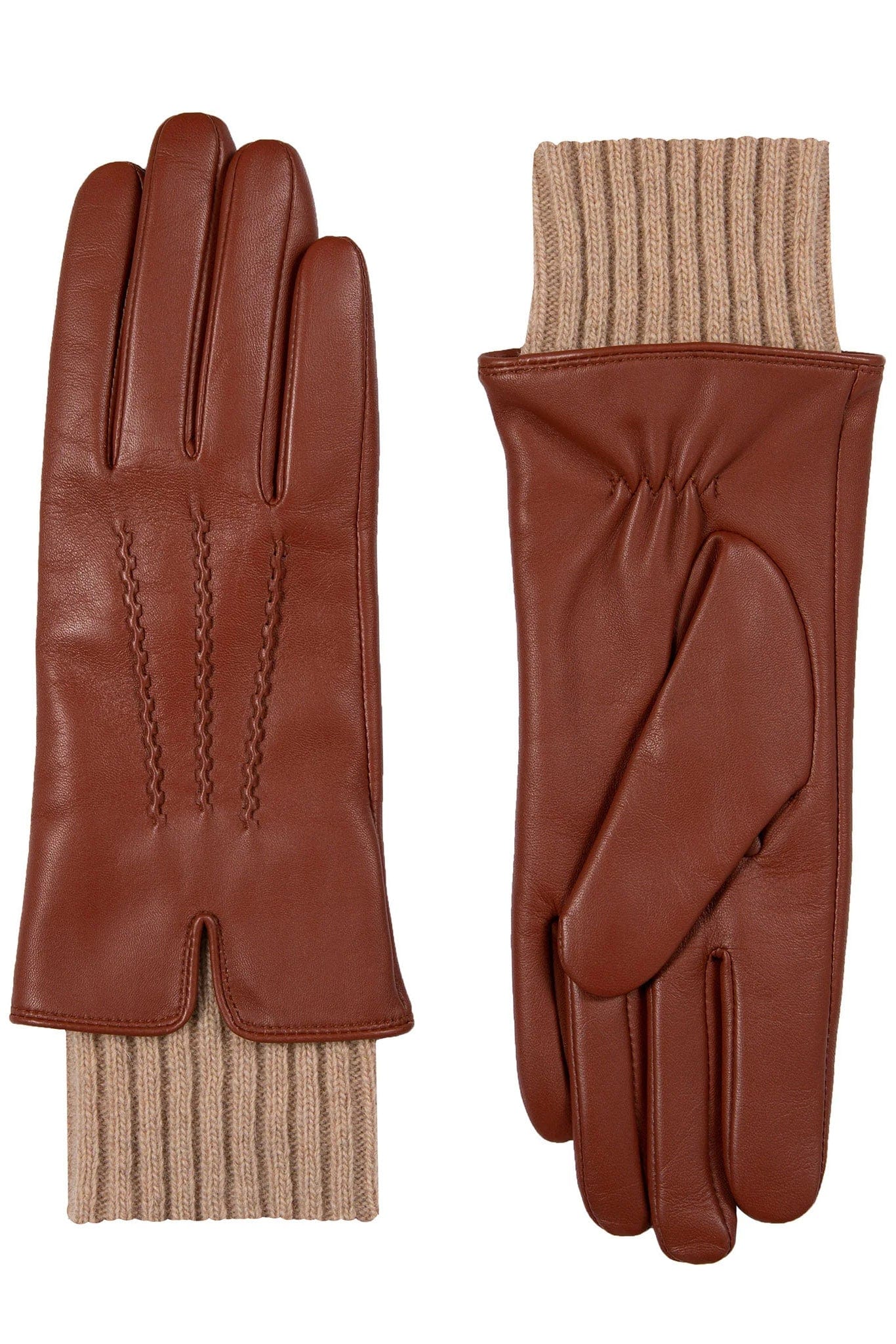 Tamara Leather Glove with Knitted Cuffs - Cognac/Camel - Image 3