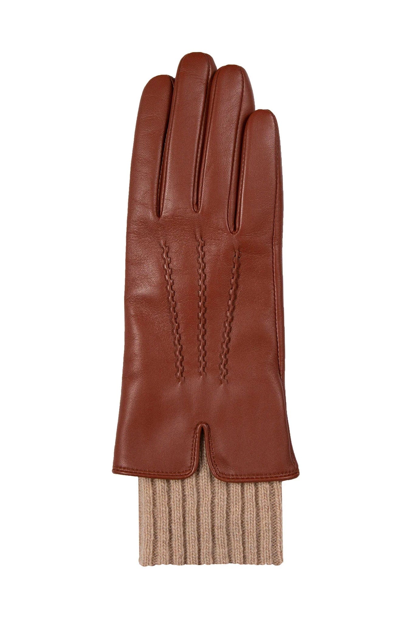Tamara Leather Glove with Knitted Cuffs - Cognac/Camel - Image 4