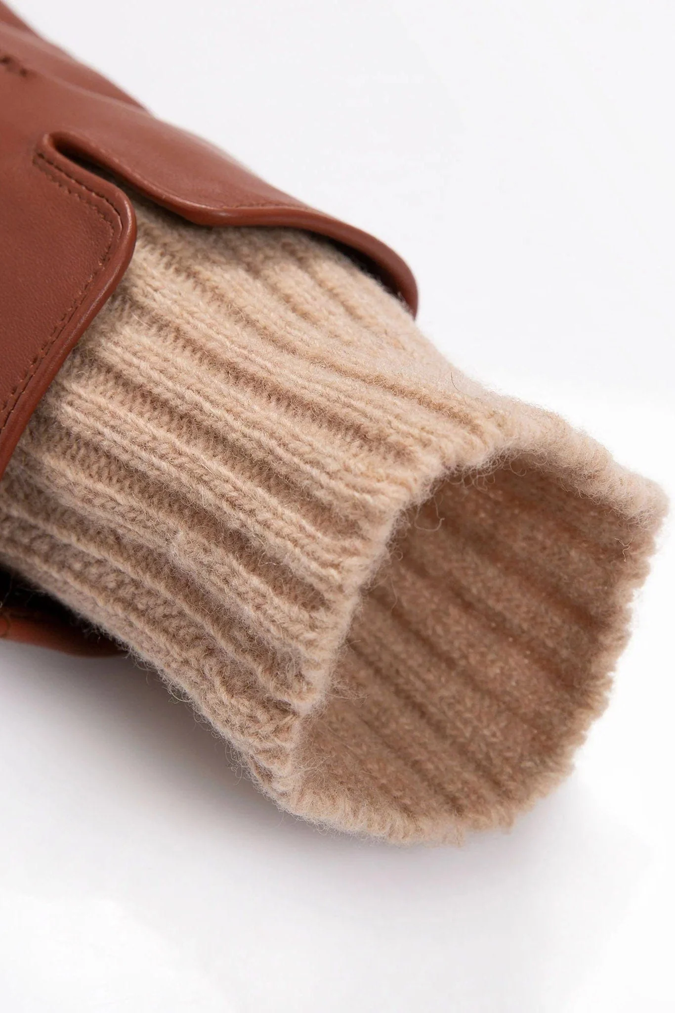 Tamara Leather Glove with Knitted Cuffs - Cognac/Camel - Image 6