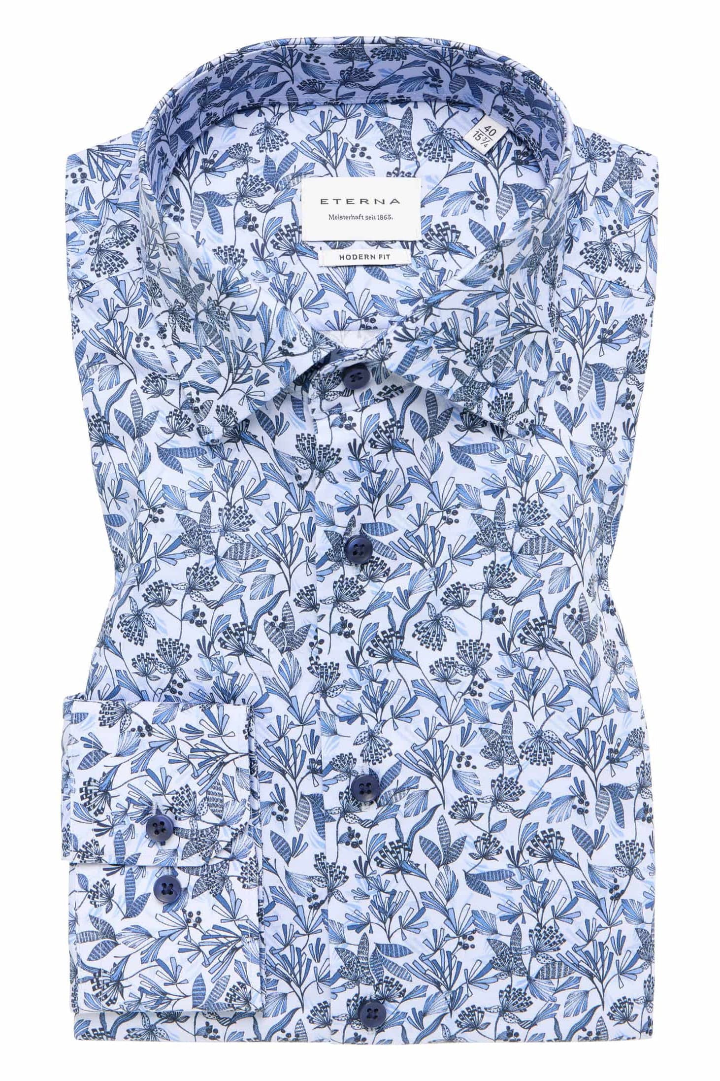 Modern Fit Floral Leaf Long Sleeve Shirt - Blue/White