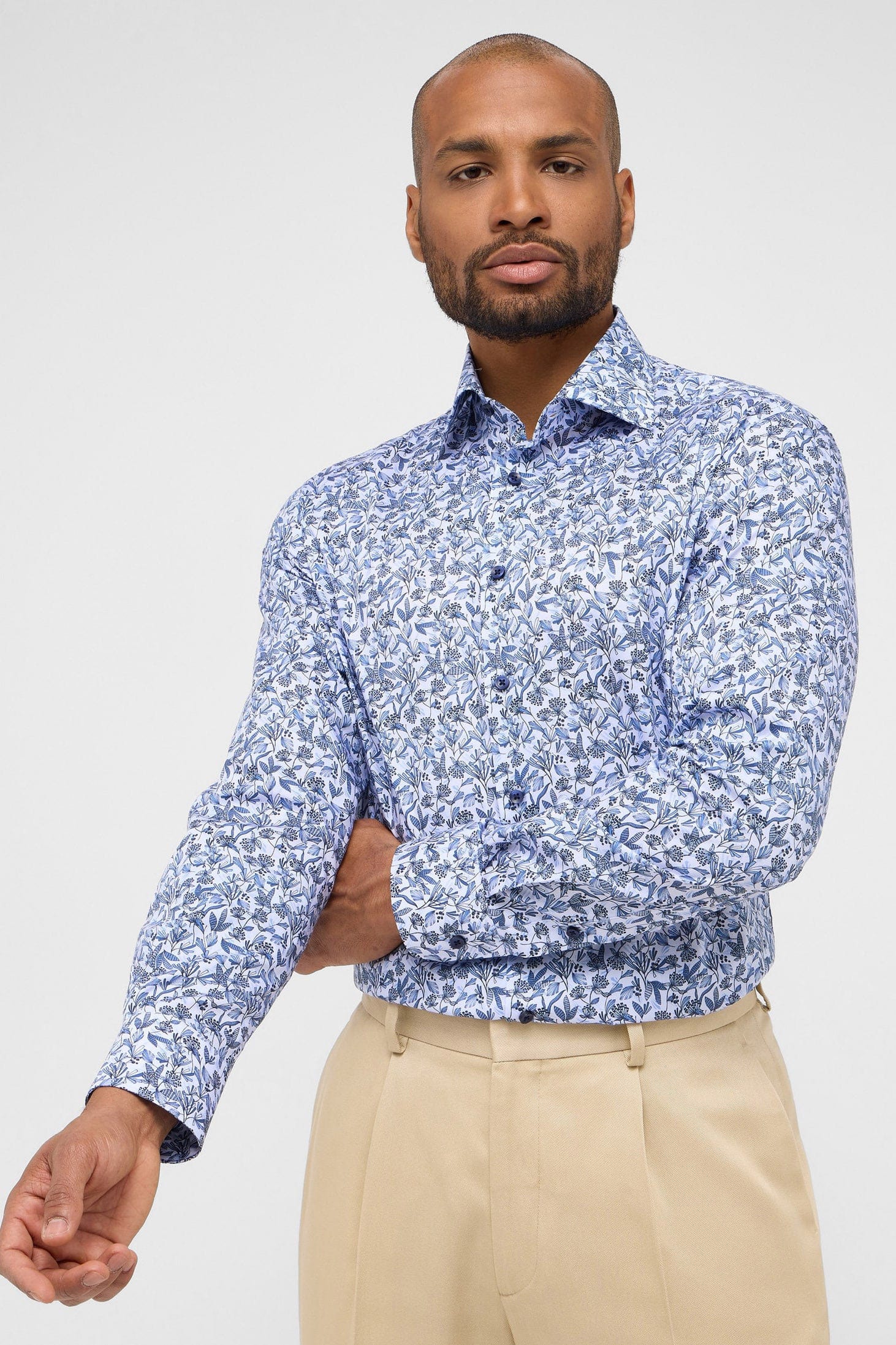 Modern Fit Floral Leaf Long Sleeve Shirt - Blue/White - Image 2