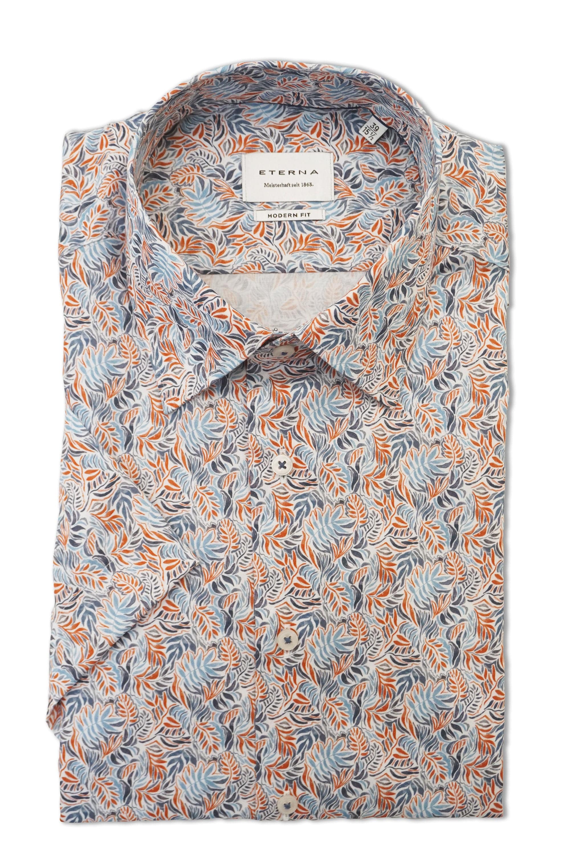 Modern Fit Leaf Print Short Sleeve Shirt - Blue/Red