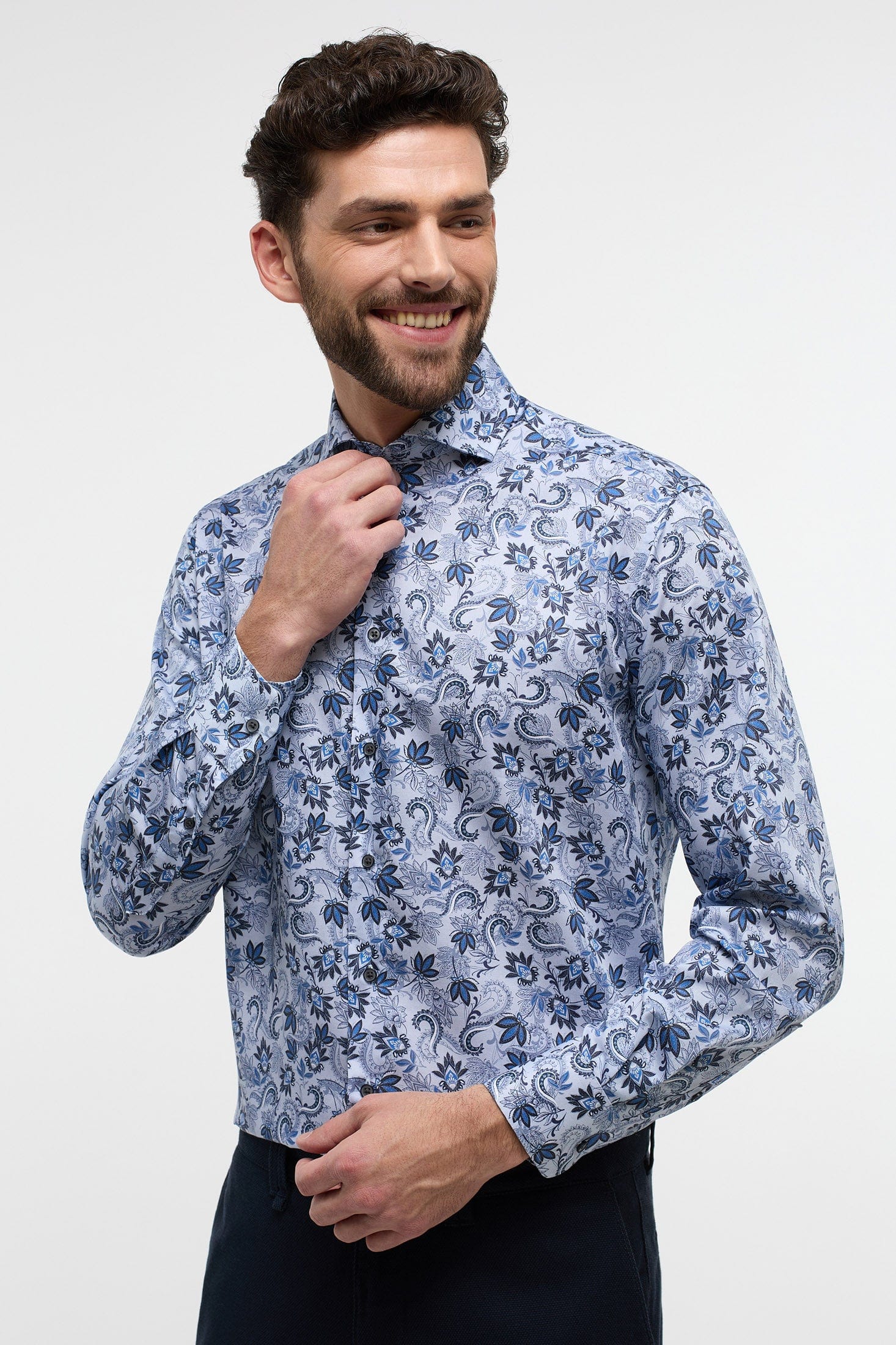 Modern Fit Leaf Print Twill Shirt - Blue - Image 2