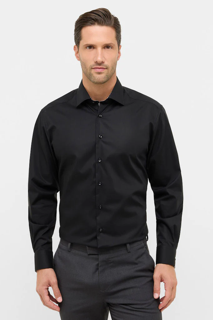 Modern Fit Plain Shirt with Trim - Black - Image 2