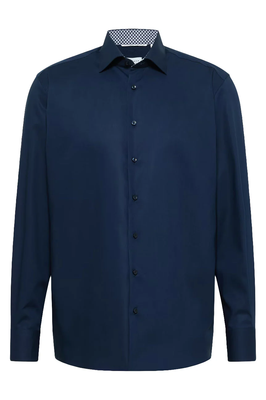 Modern Fit Plain Shirt with Trim - Dark Blue - Image 2