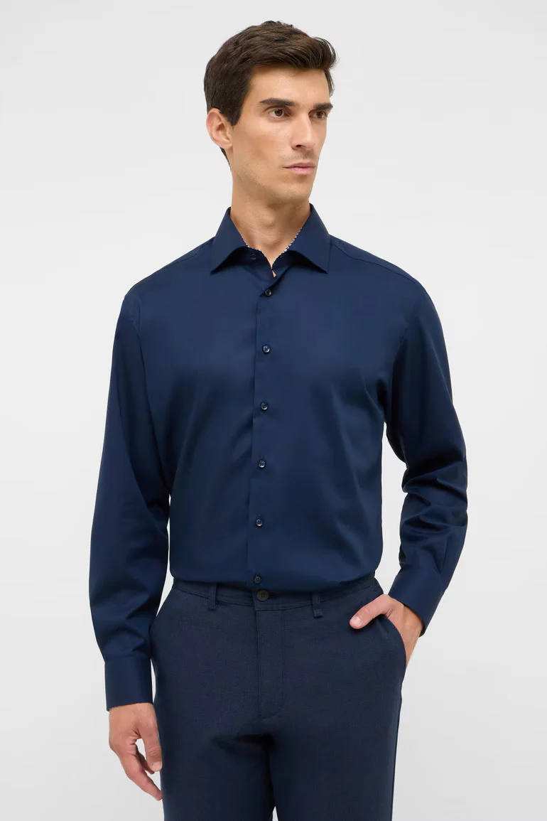 Modern Fit Plain Shirt with Trim - Dark Blue - Image 3