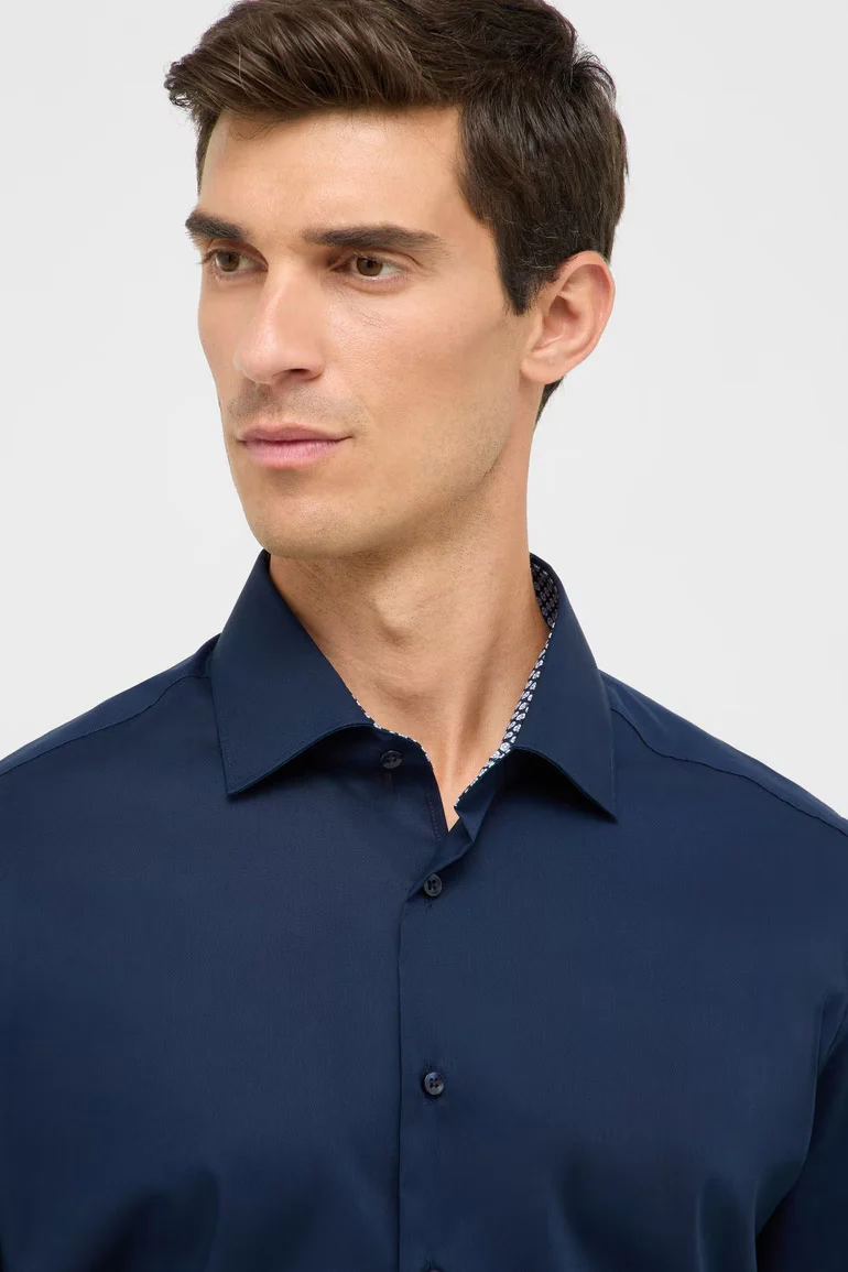 Modern Fit Plain Shirt with Trim - Dark Blue - Image 5