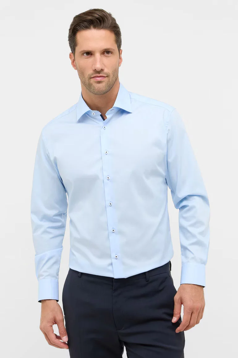 Modern Fit Plain Shirt with Trim - Light Blue - Image 3