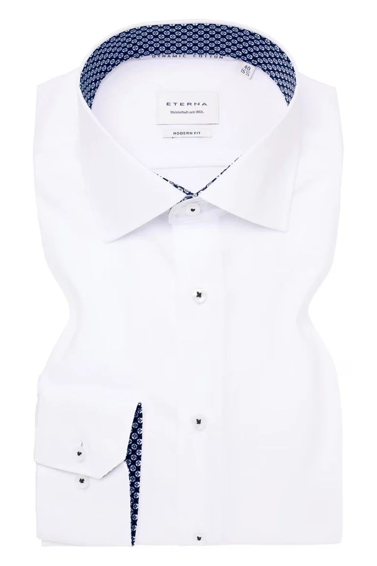 Modern Fit Plain Shirt with Navy Trim - White