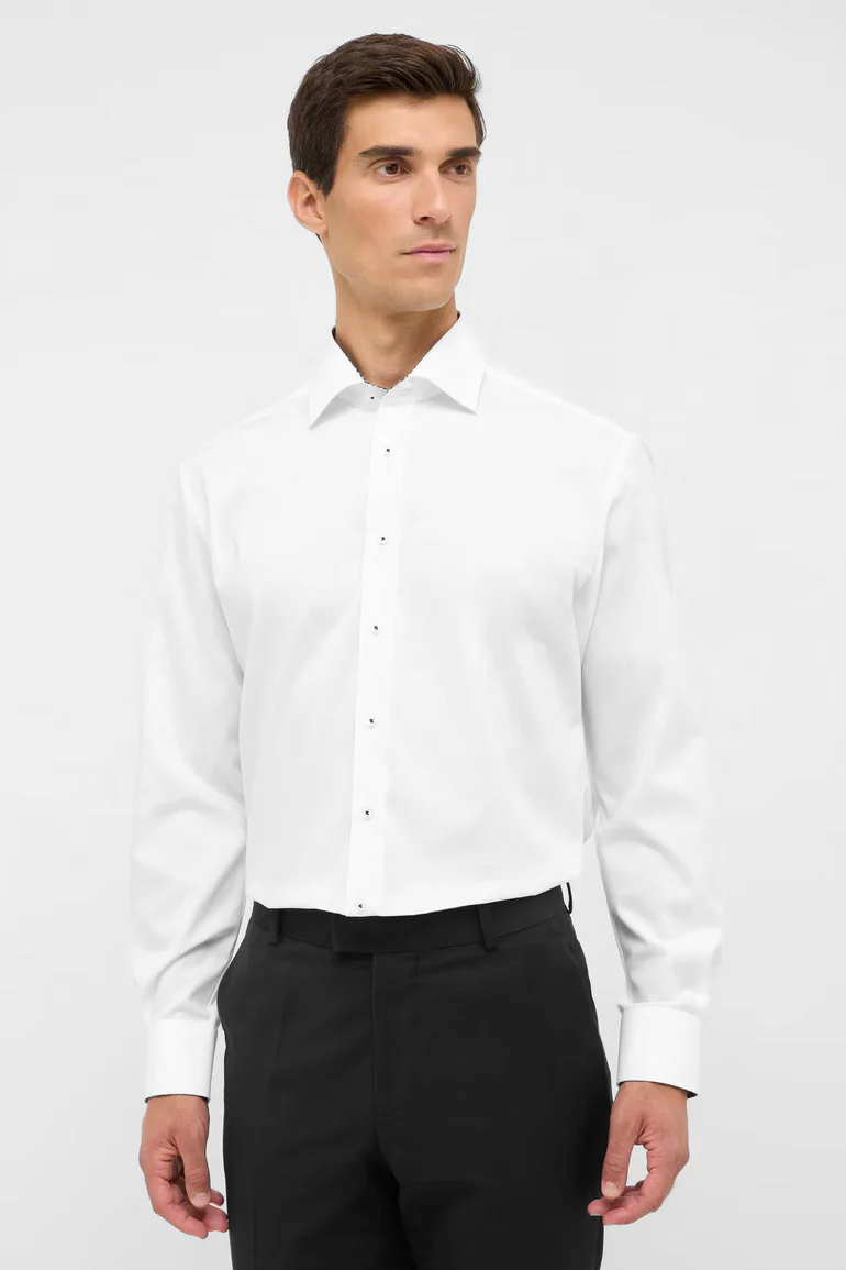 Modern Fit Plain Shirt with Navy Trim - White - Image 2