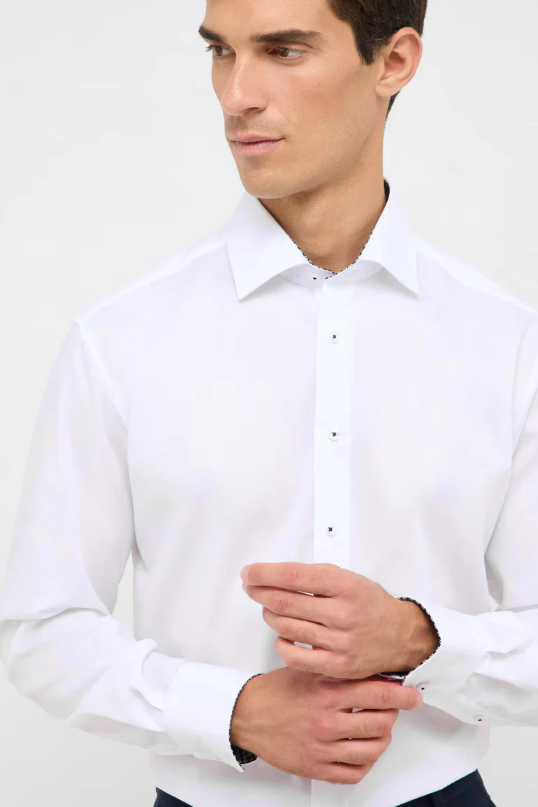 Modern Fit Plain Shirt with Black Trim - White - Image 4