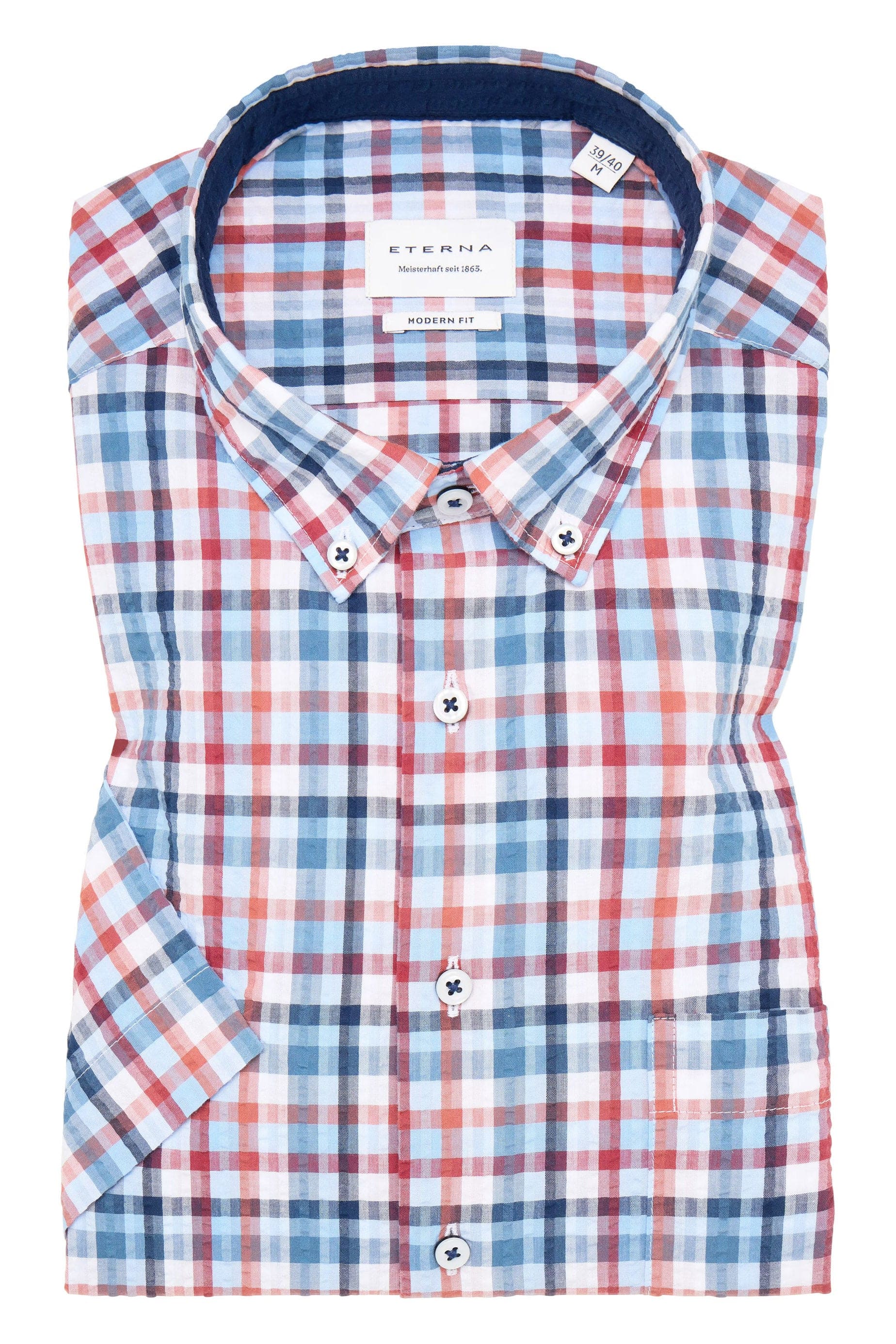 Modern Fit Seersucker Check Short Sleeve Shirt - Blue/Red - Image 3