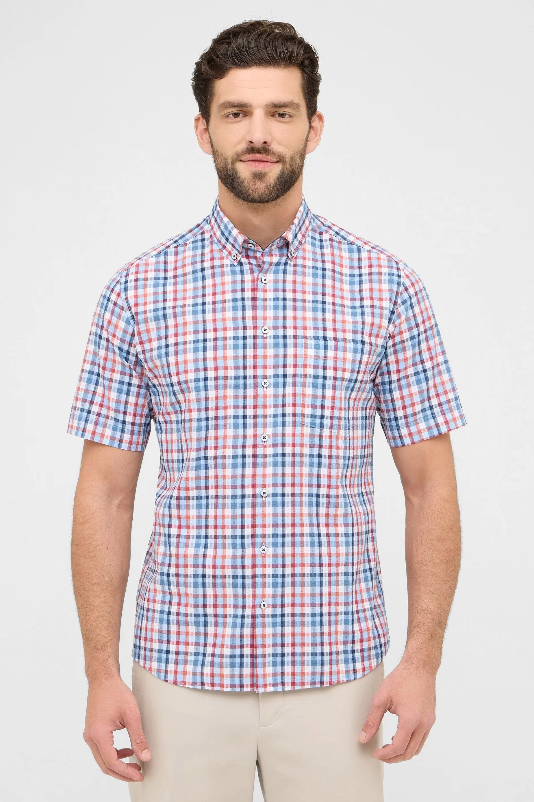 Modern Fit Seersucker Check Short Sleeve Shirt - Blue/Red - Image 4