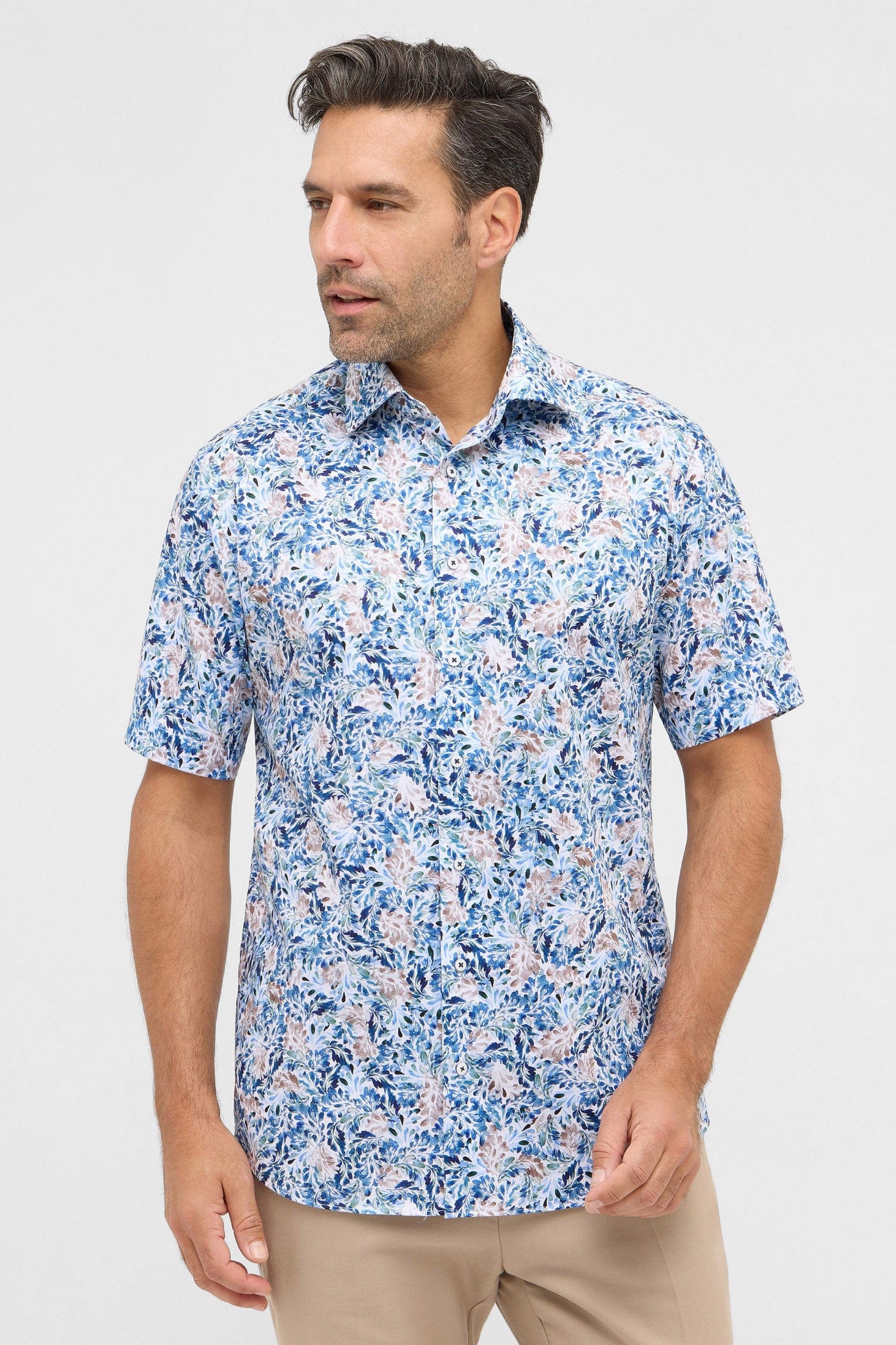 Modern Fit Watercolour Print Short Sleeve Shirt - Blue - Image 2