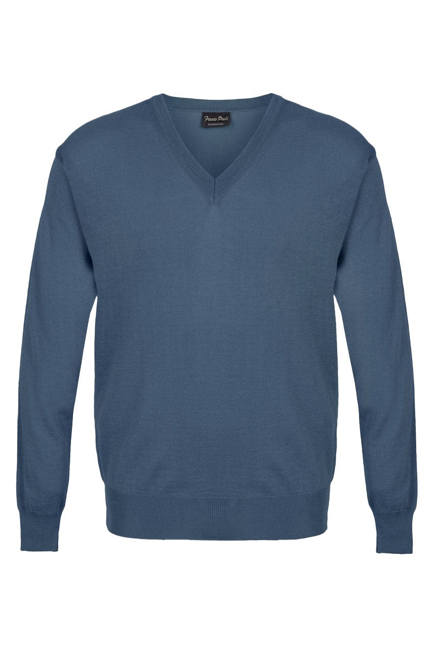 Light Weight Merino Wool V Neck Jumper - Denim
