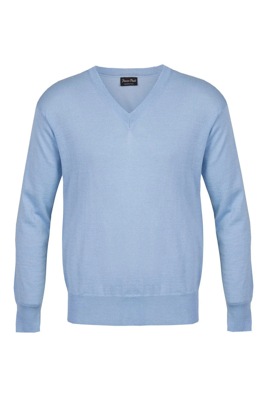 Light Weight Merino Wool V Neck Jumper - Sky