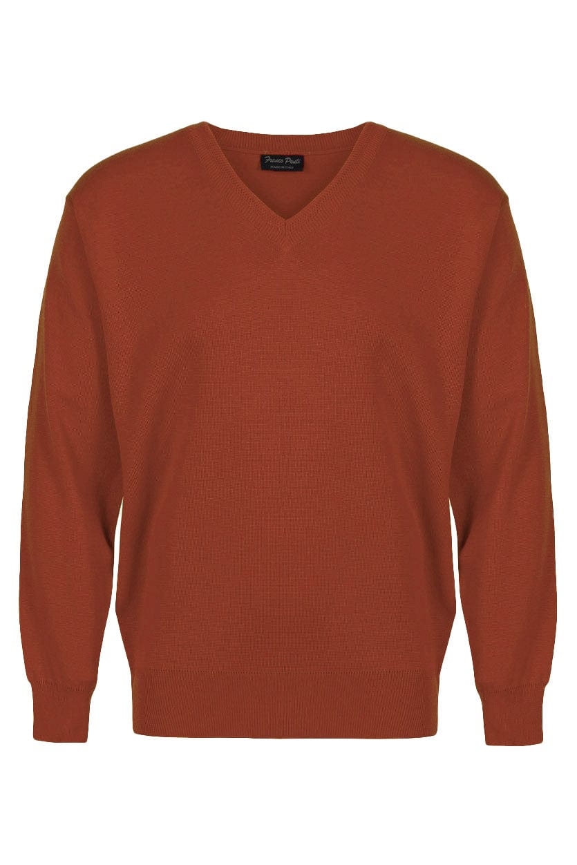 Medium Weight Merino Wool V Neck Jumper - Rust