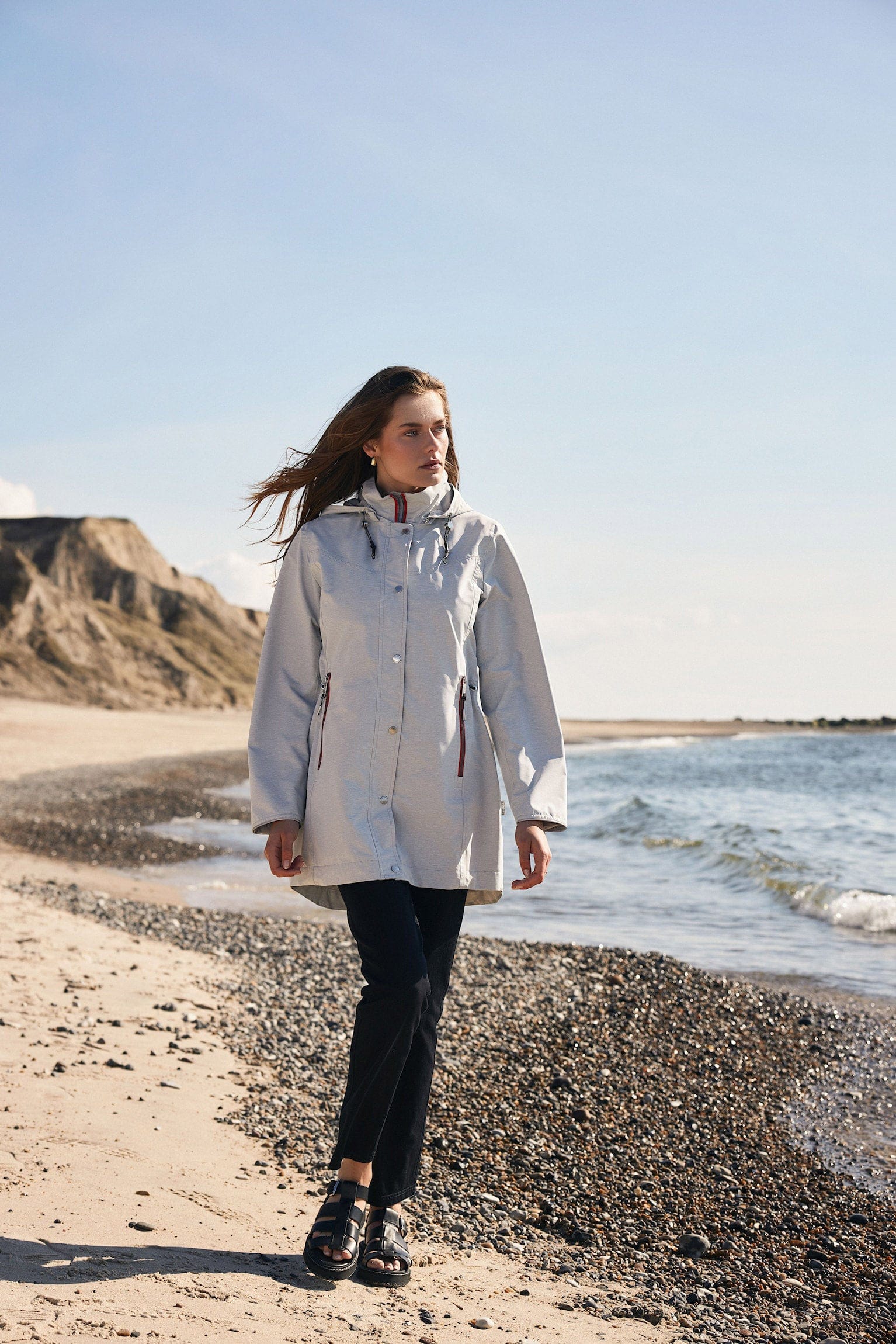 Water Repellent Long Line Jacket - Grey/Red - Image 2