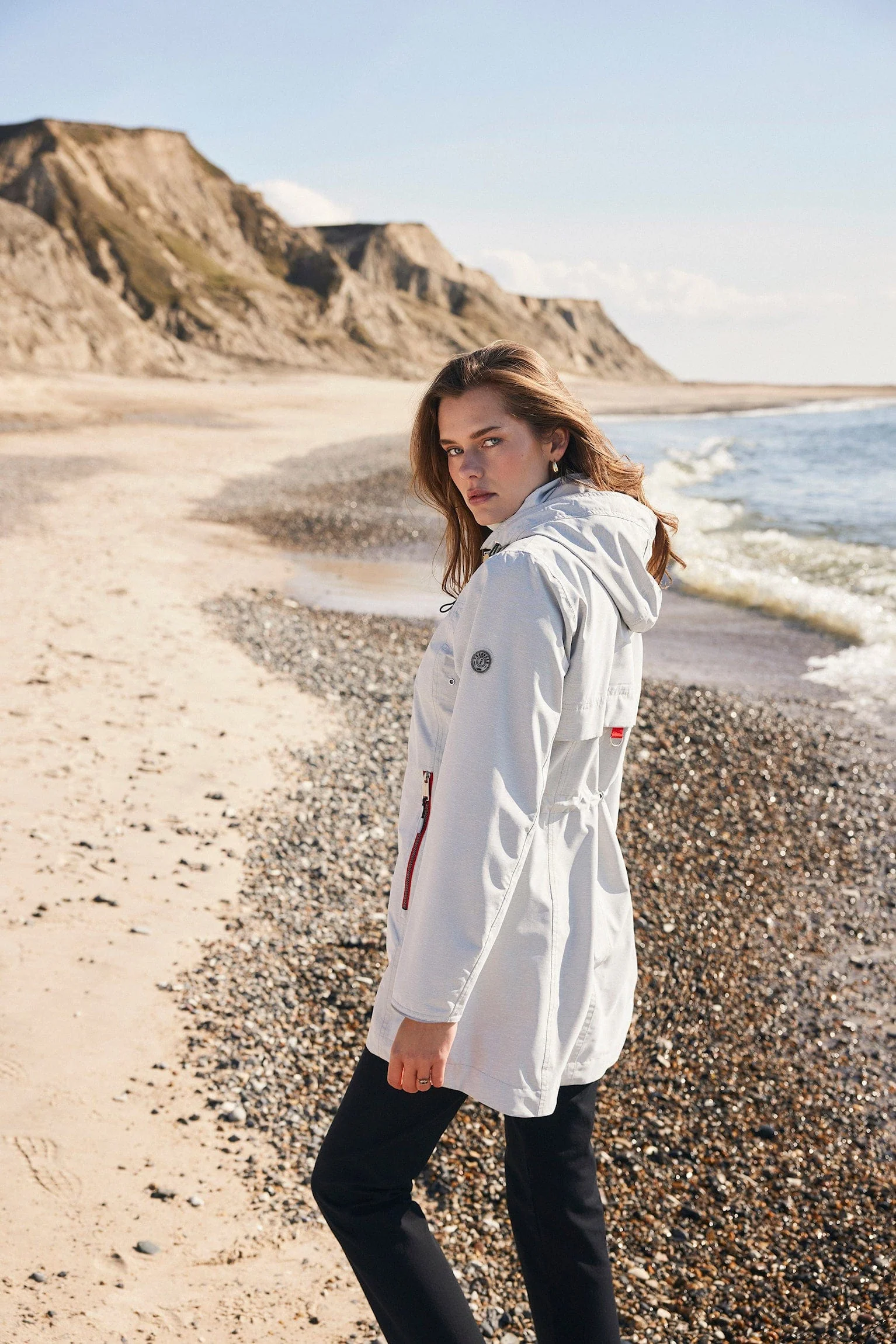 Water Repellent Long Line Jacket - Grey/Red - Image 3