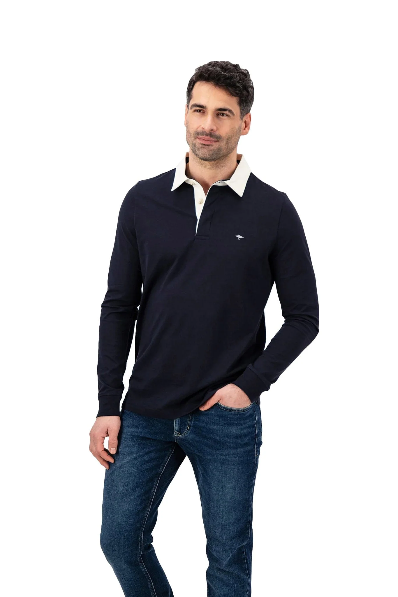 Cotton Jersey Rugby Shirt with Contrasting Collar - Navy