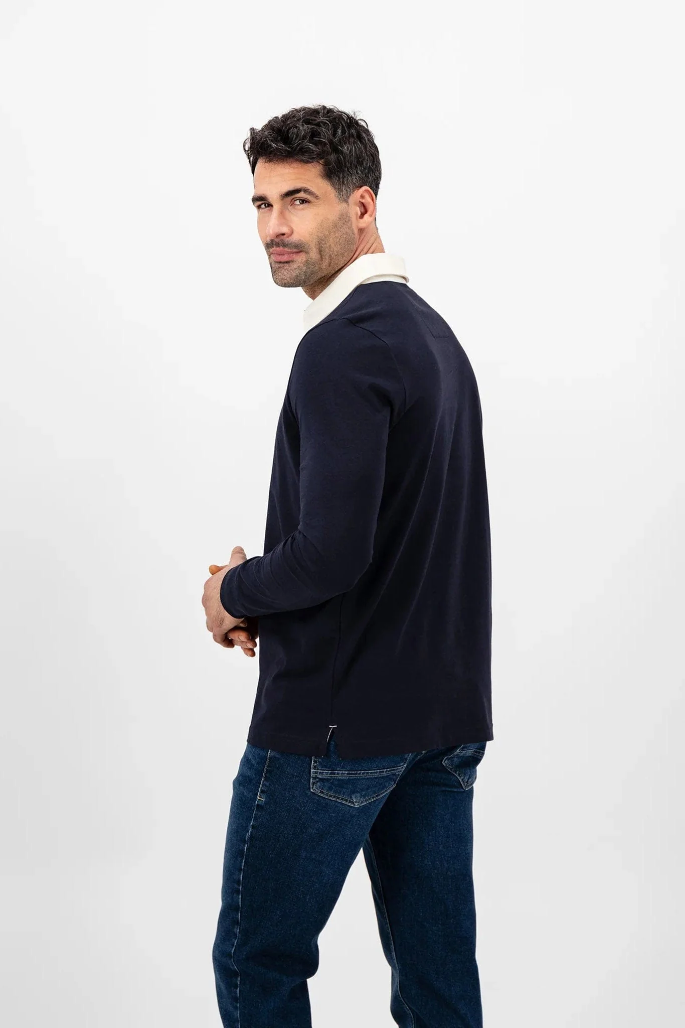 Cotton Jersey Rugby Shirt with Contrasting Collar - Navy - Image 2