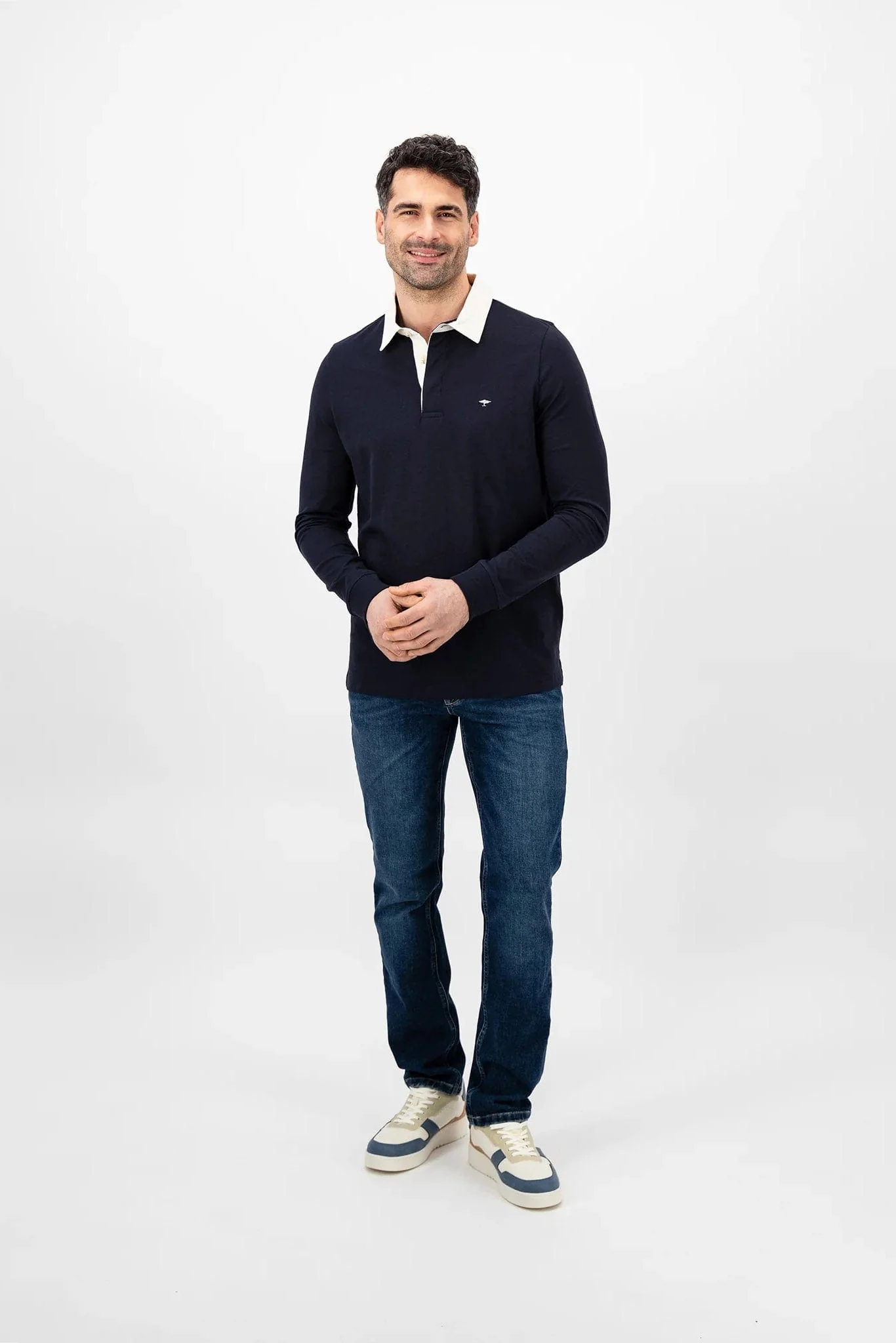 Cotton Jersey Rugby Shirt with Contrasting Collar - Navy - Image 3
