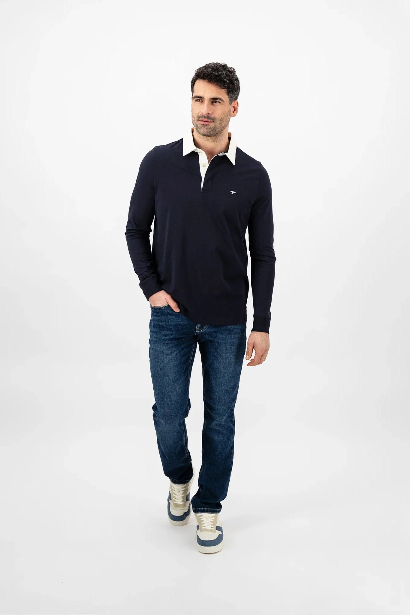 Cotton Jersey Rugby Shirt with Contrasting Collar - Navy - Image 4