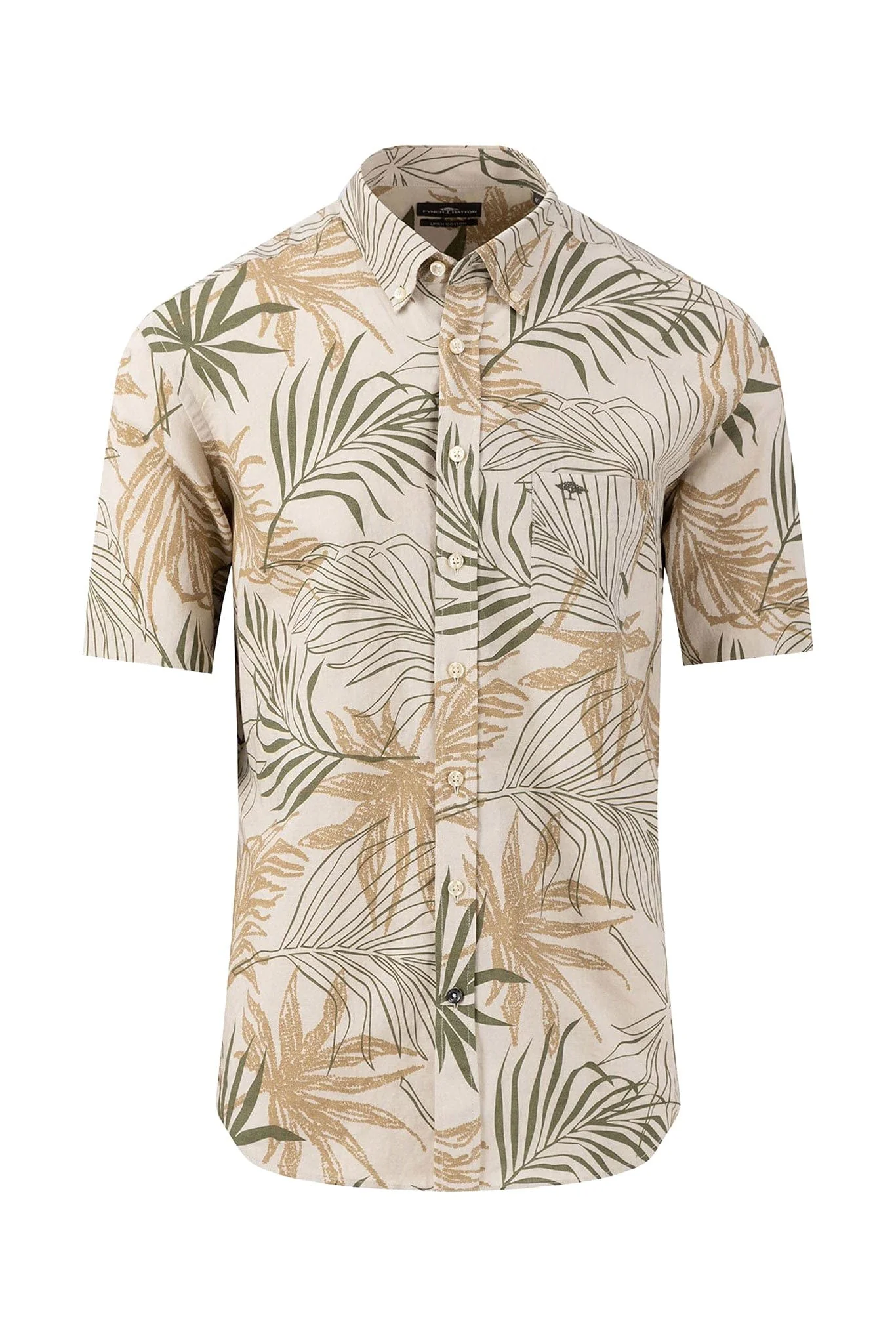 Linen/Cotton Palm Leaf Print Short Sleeve Shirt - Stone
