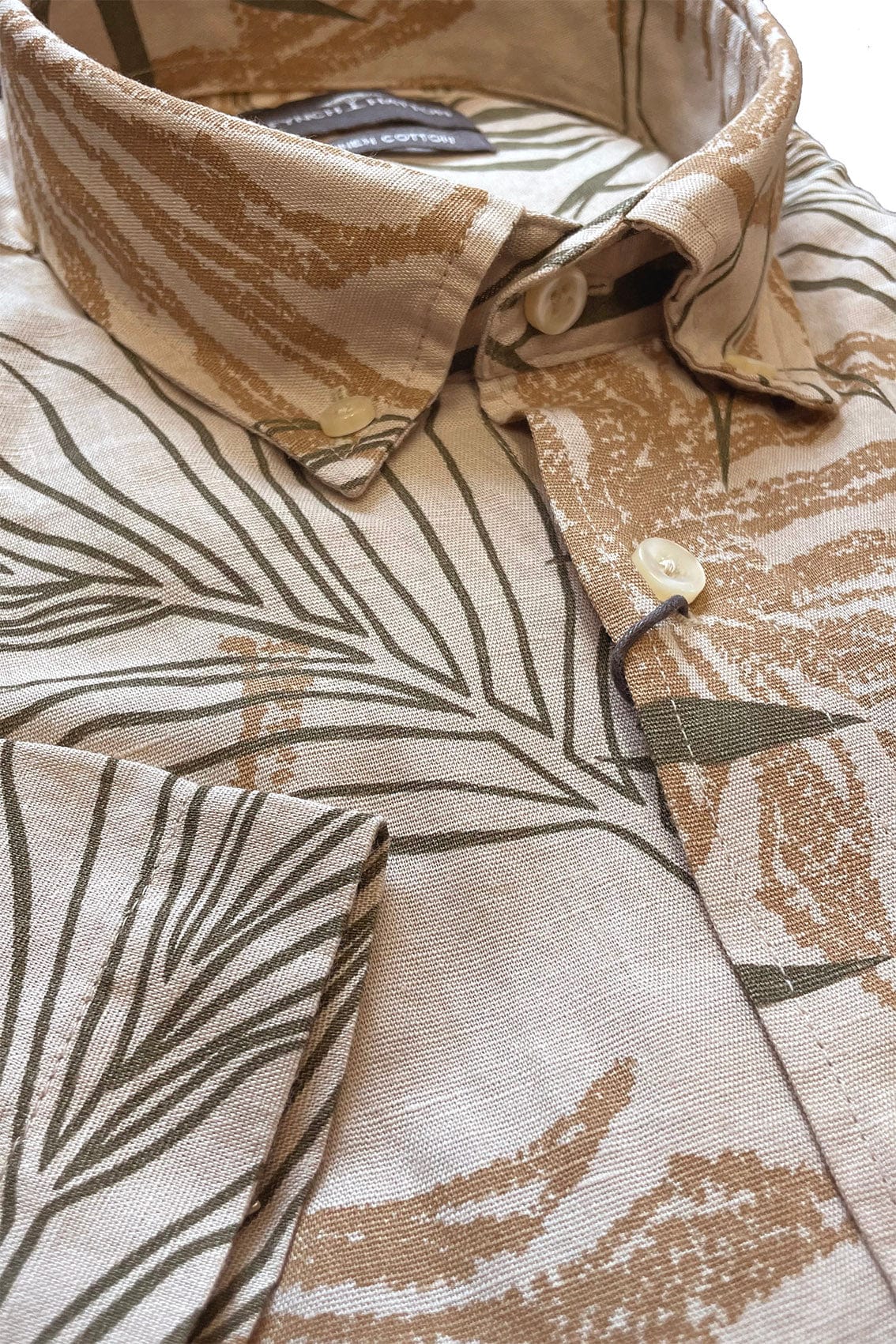Linen/Cotton Palm Leaf Print Short Sleeve Shirt - Stone - Image 3