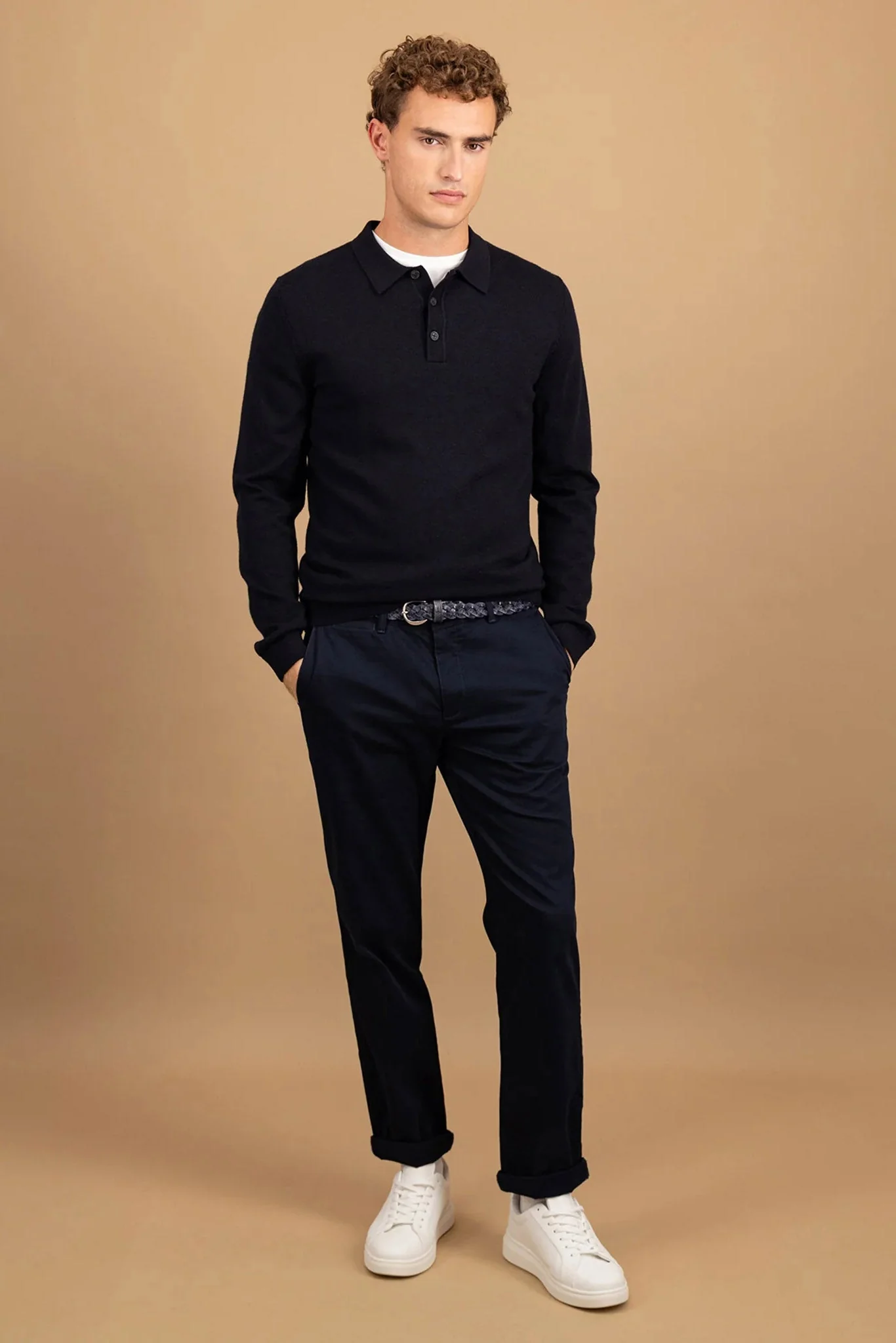 Merino Wool Knitted Polo - Navy - Image 3