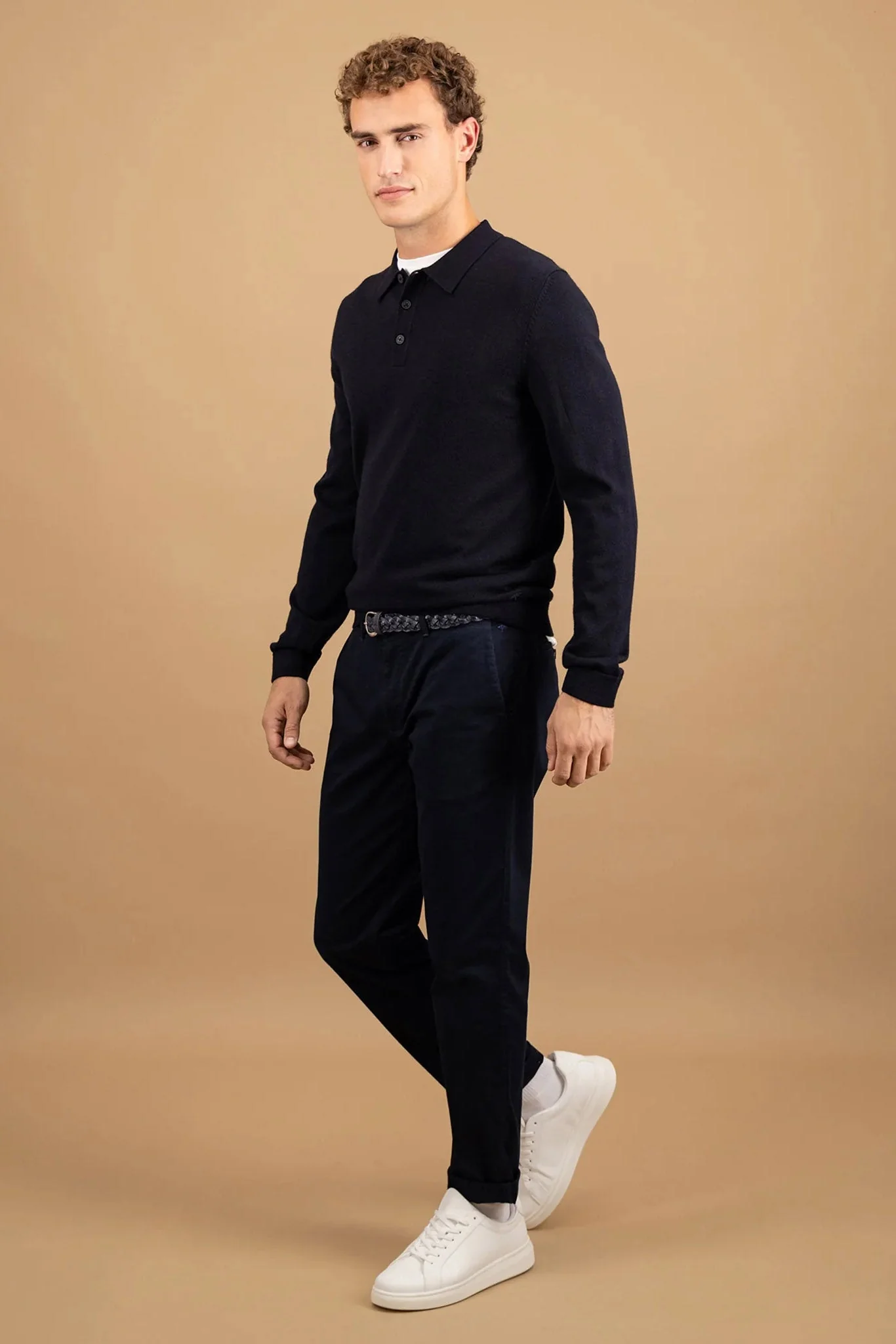 Merino Wool Knitted Polo - Navy - Image 5