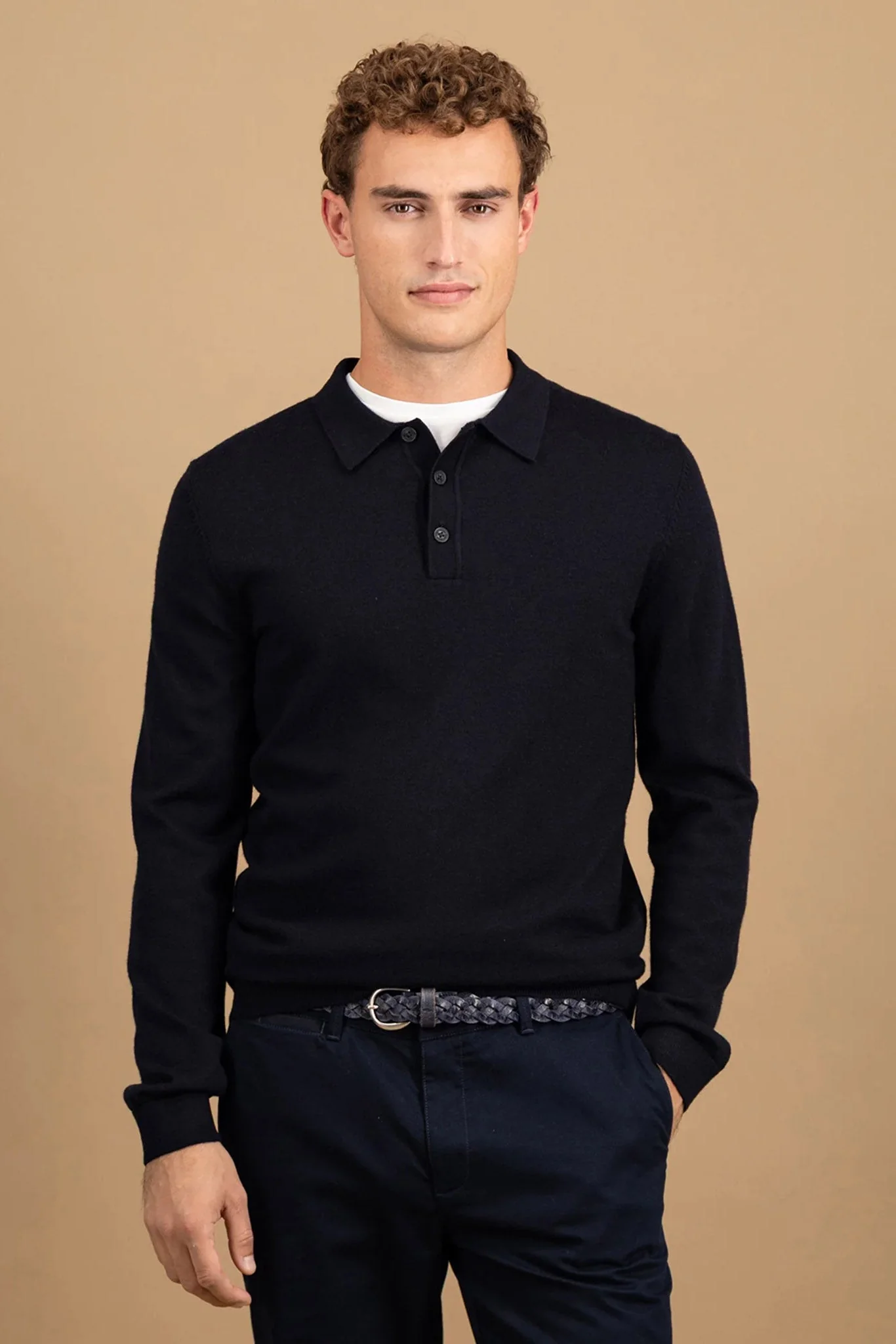 Merino Wool Knitted Polo - Navy - Image 6