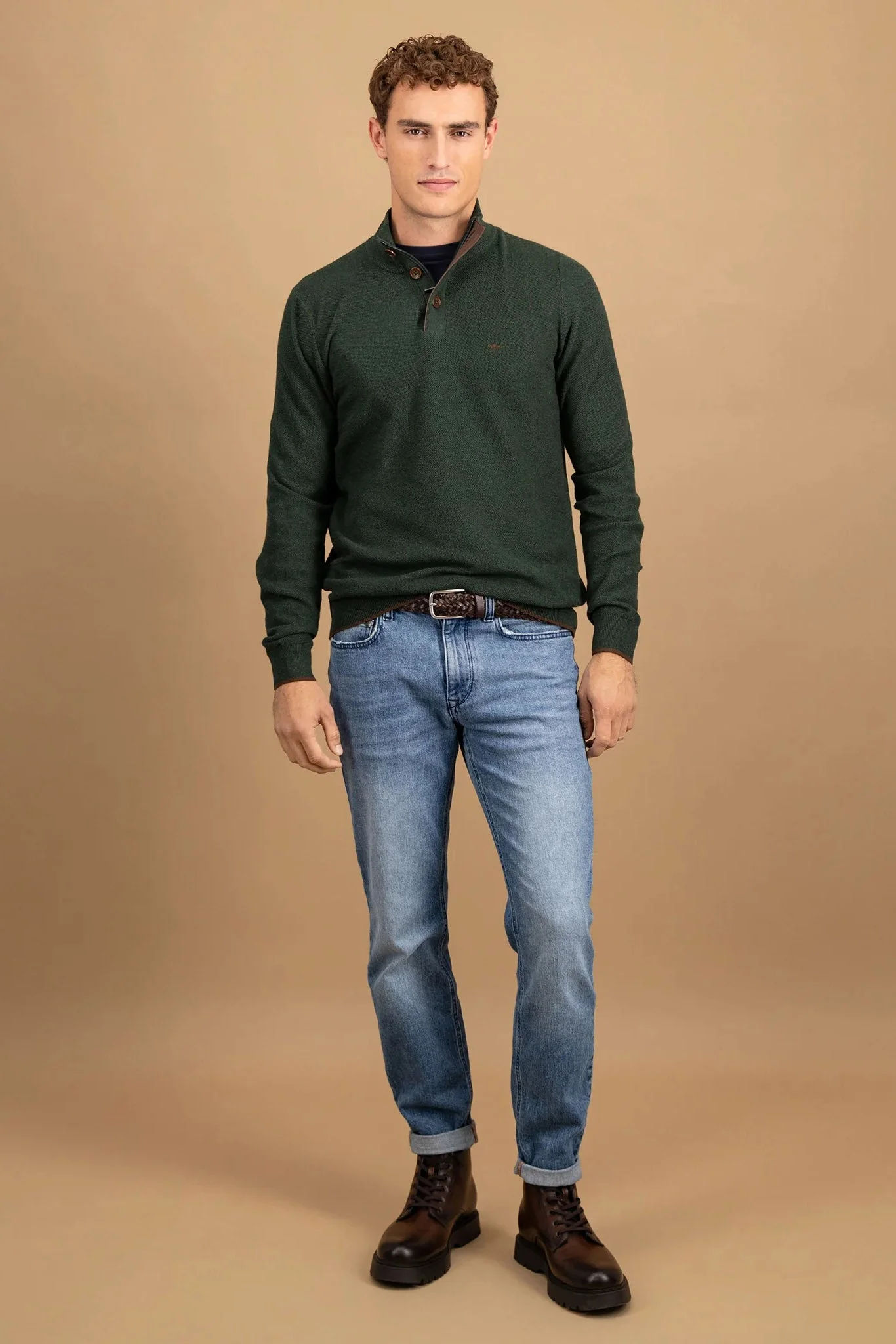 Quarter Button Knit Jumper - Dark Ivy - Image 3