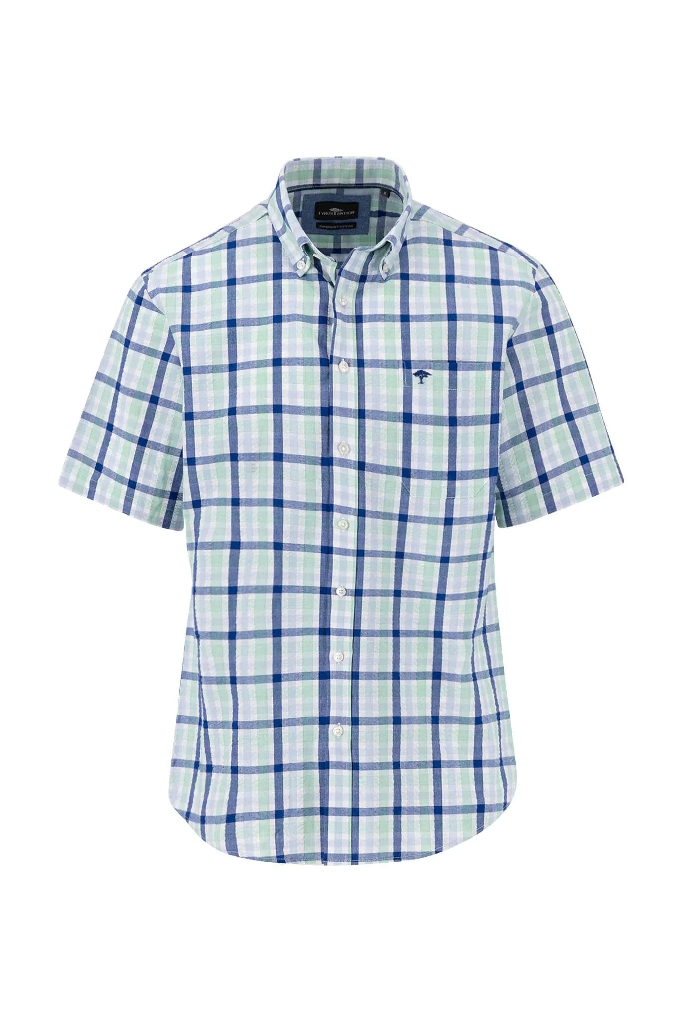 Seersucker Short Sleeve Check Shirt - Turf Green