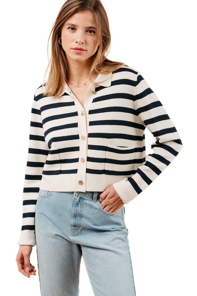 Maelys Stripe Collared Cardigan - Navy/Ecru