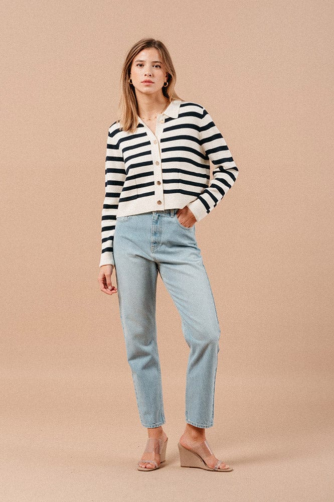 Maelys Stripe Collared Cardigan - Navy/Ecru - Image 2