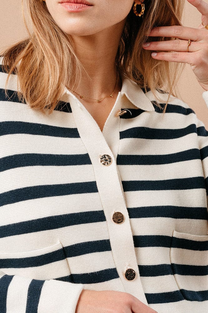 Maelys Stripe Collared Cardigan - Navy/Ecru - Image 4