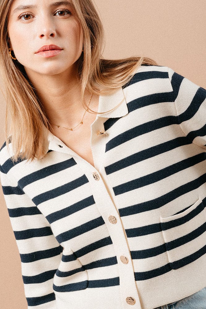 Maelys Stripe Collared Cardigan - Navy/Ecru - Image 5