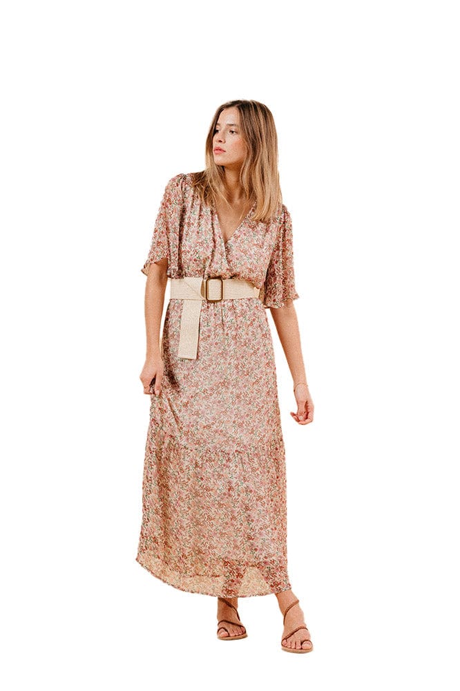 Marissa Ditsy Print Wrap Style Maxi Dress - Ecru/Pink