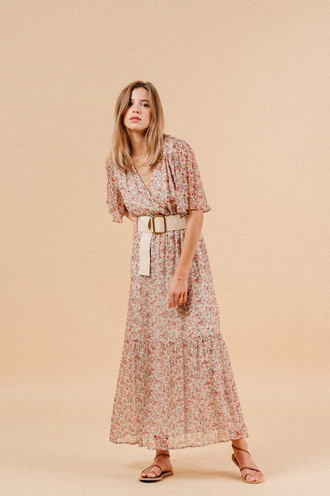 Marissa Ditsy Print Wrap Style Maxi Dress - Ecru/Pink - Image 2