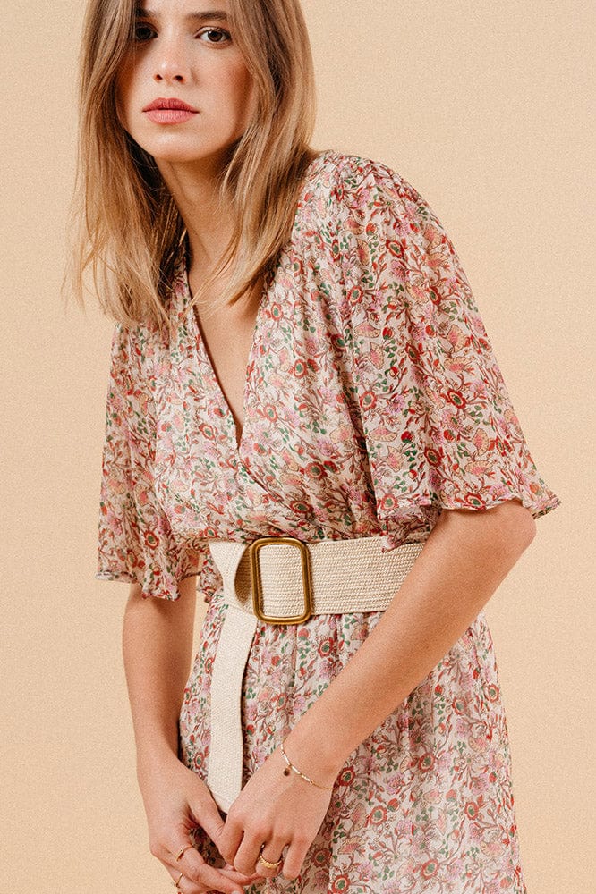 Marissa Ditsy Print Wrap Style Maxi Dress - Ecru/Pink - Image 3