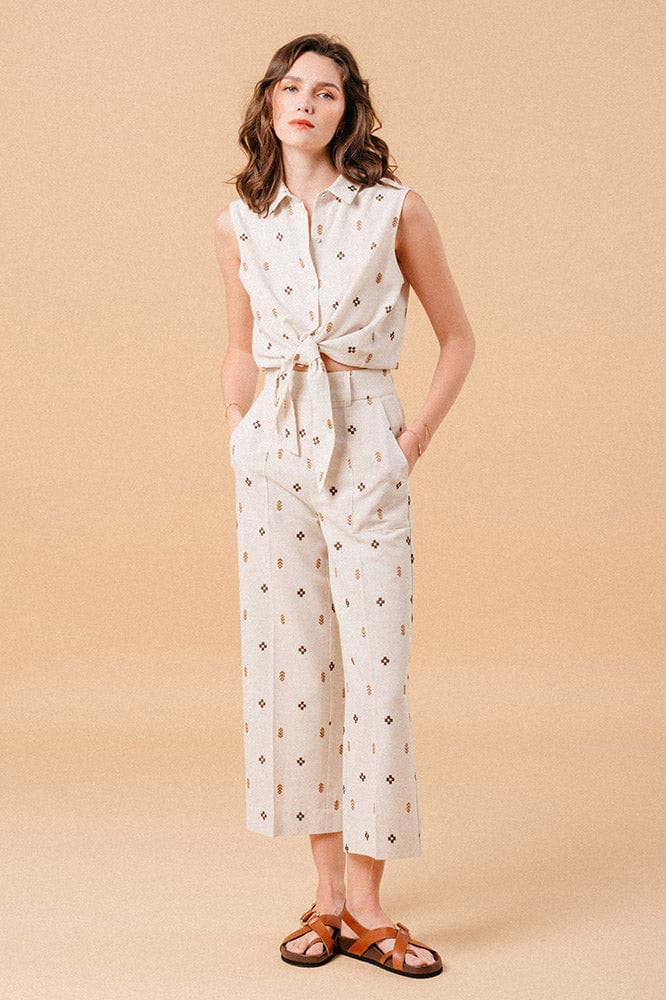 Messina Linen Blend Embroidered Cropped Trousers - Camel - Image 7
