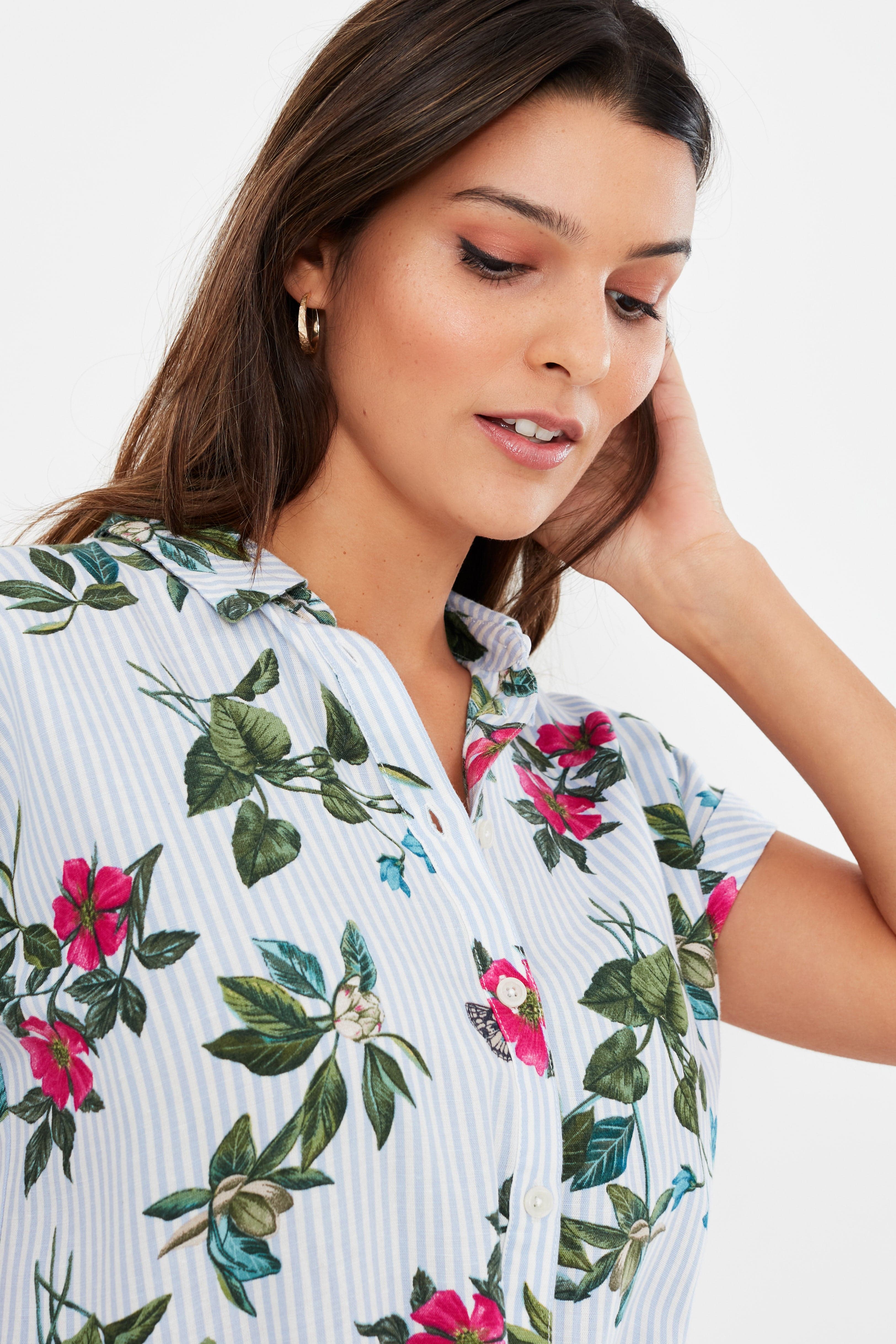 Allison 1/2 Placket Linen Shirt Dress - Blue Botanical Stripe - Image 4