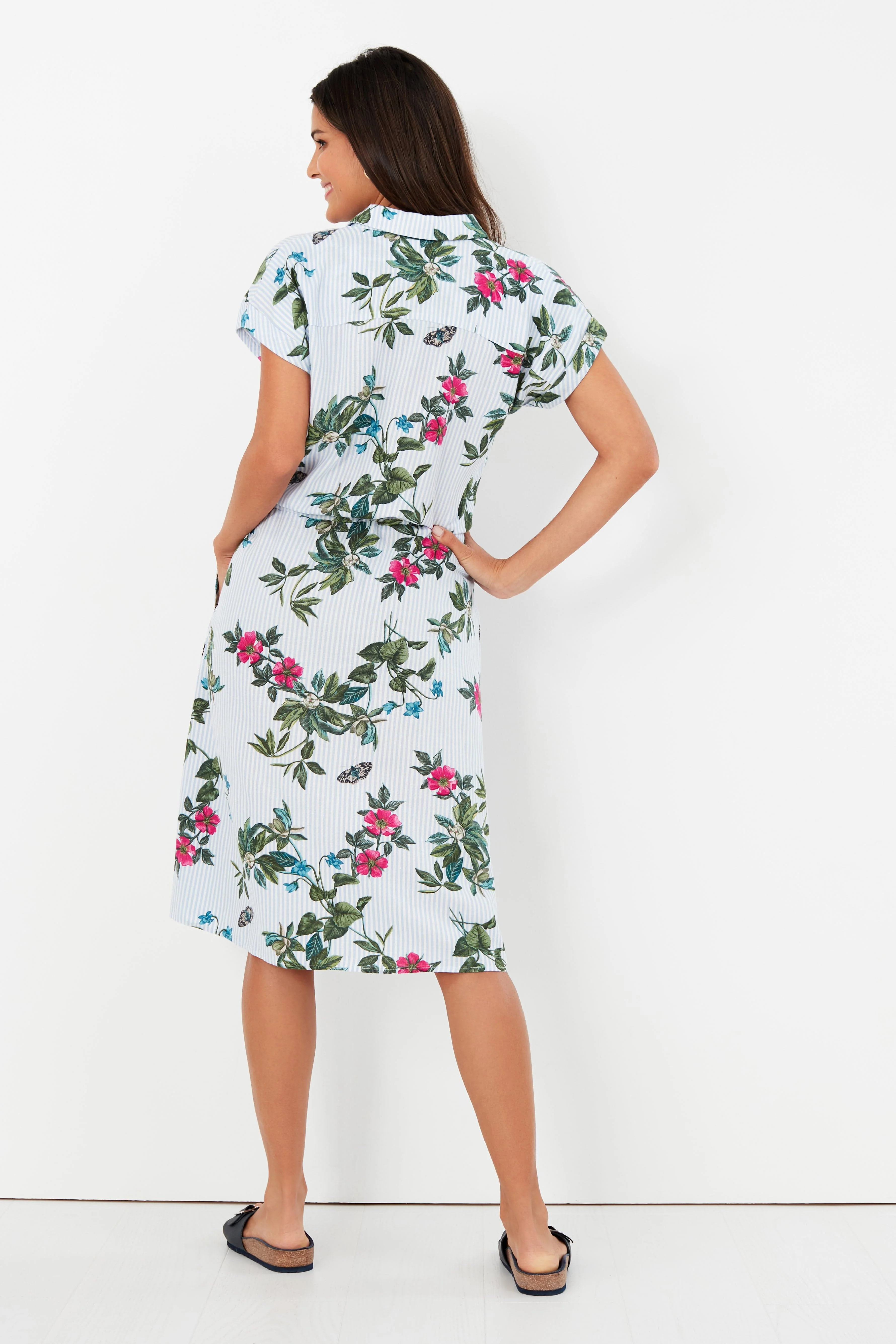 Allison 1/2 Placket Linen Shirt Dress - Blue Botanical Stripe - Image 5