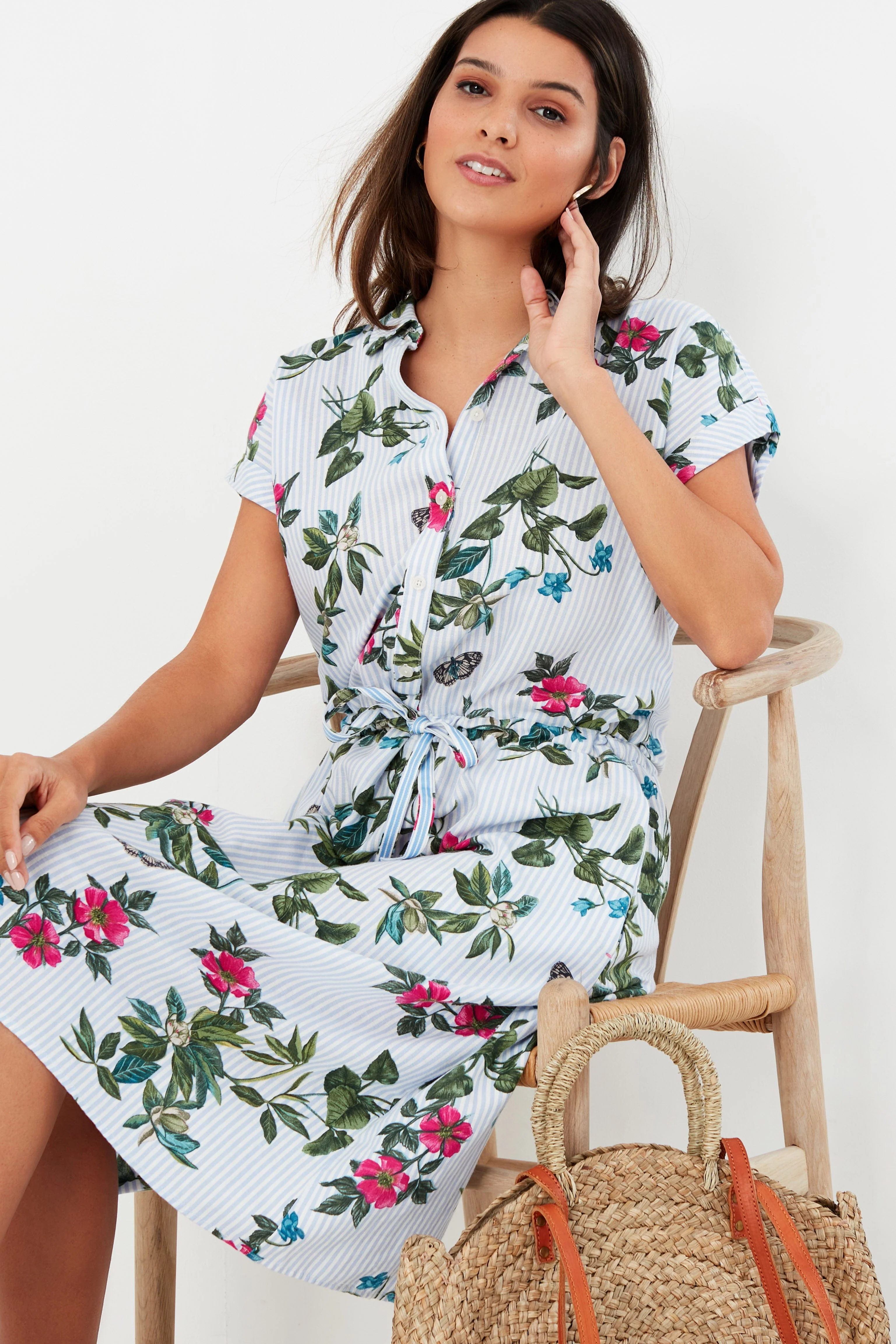 Allison 1/2 Placket Linen Shirt Dress - Blue Botanical Stripe - Image 6