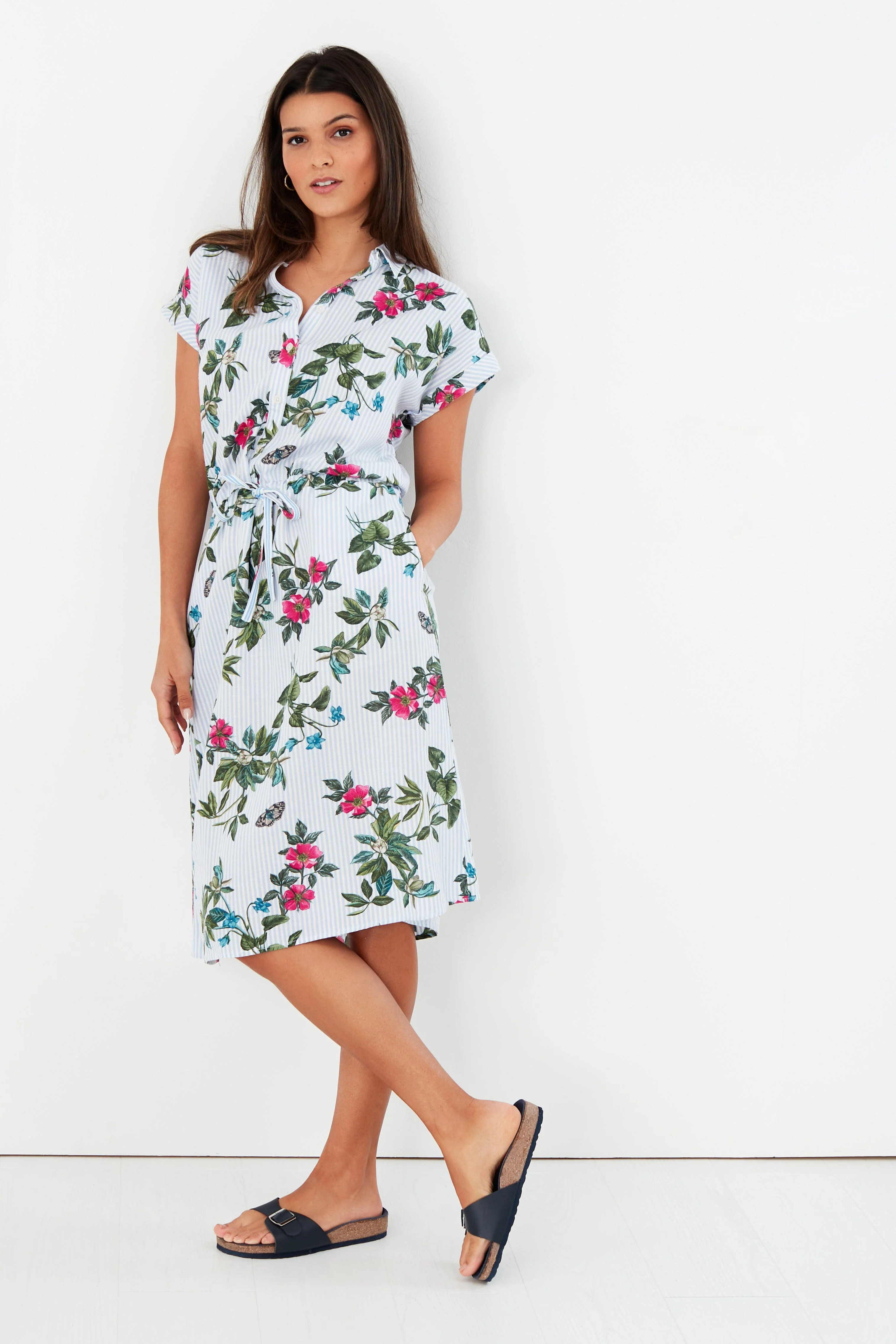 Allison 1/2 Placket Linen Shirt Dress - Blue Botanical Stripe - Image 7