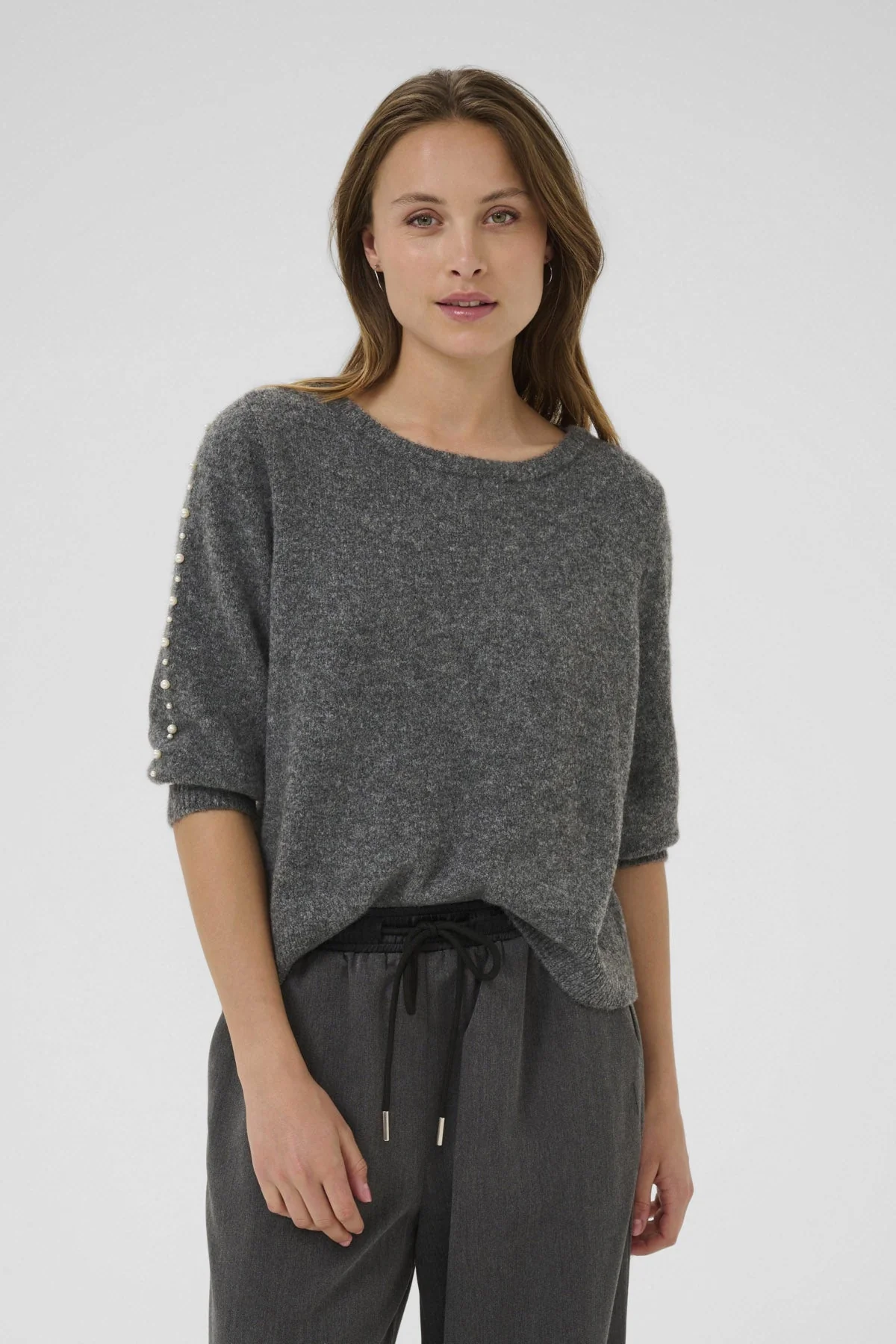 Betty Jumper with Pearl Detail Sleeves - Grey Melange - Image 3