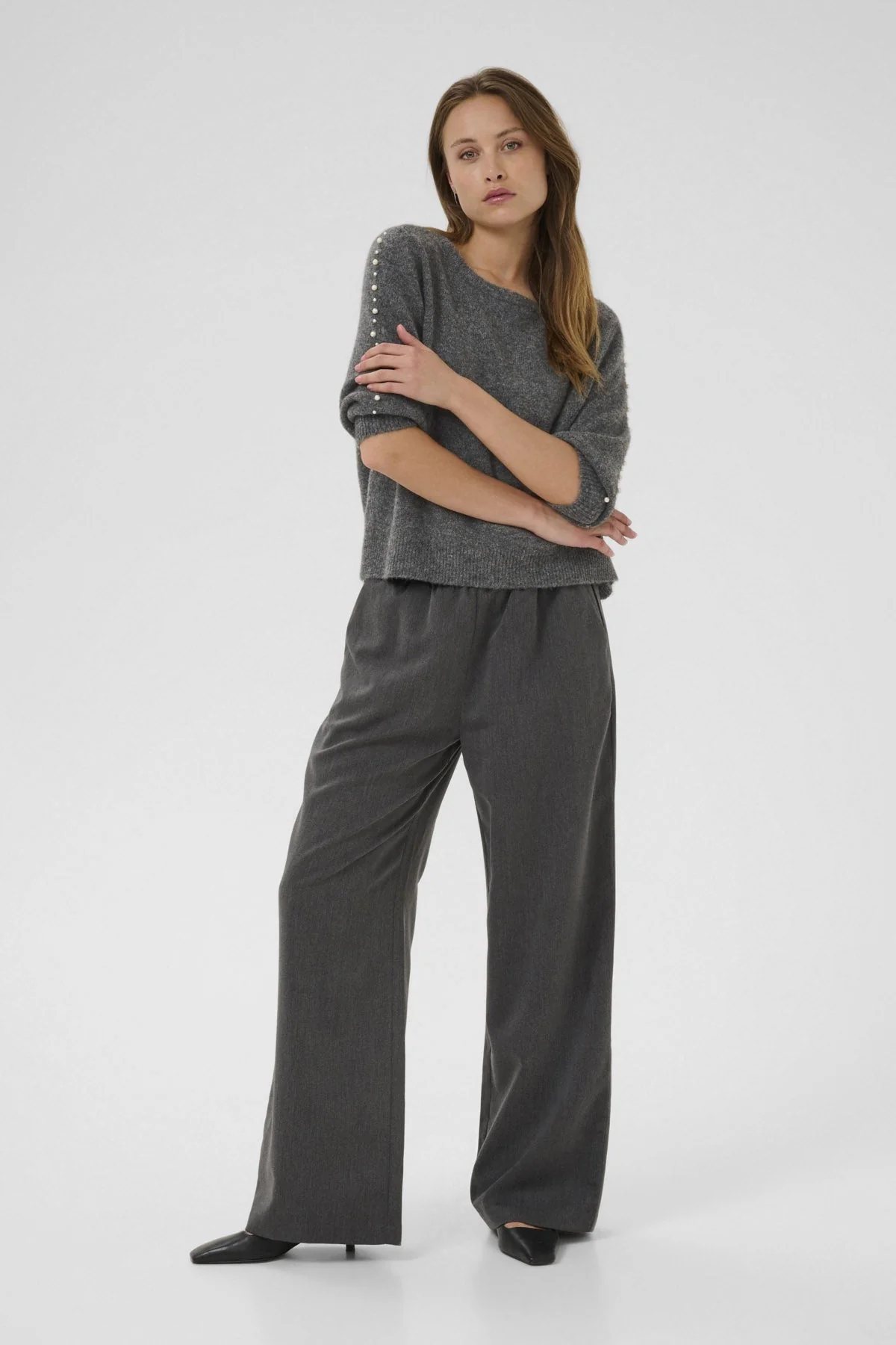Betty Jumper with Pearl Detail Sleeves - Grey Melange - Image 4
